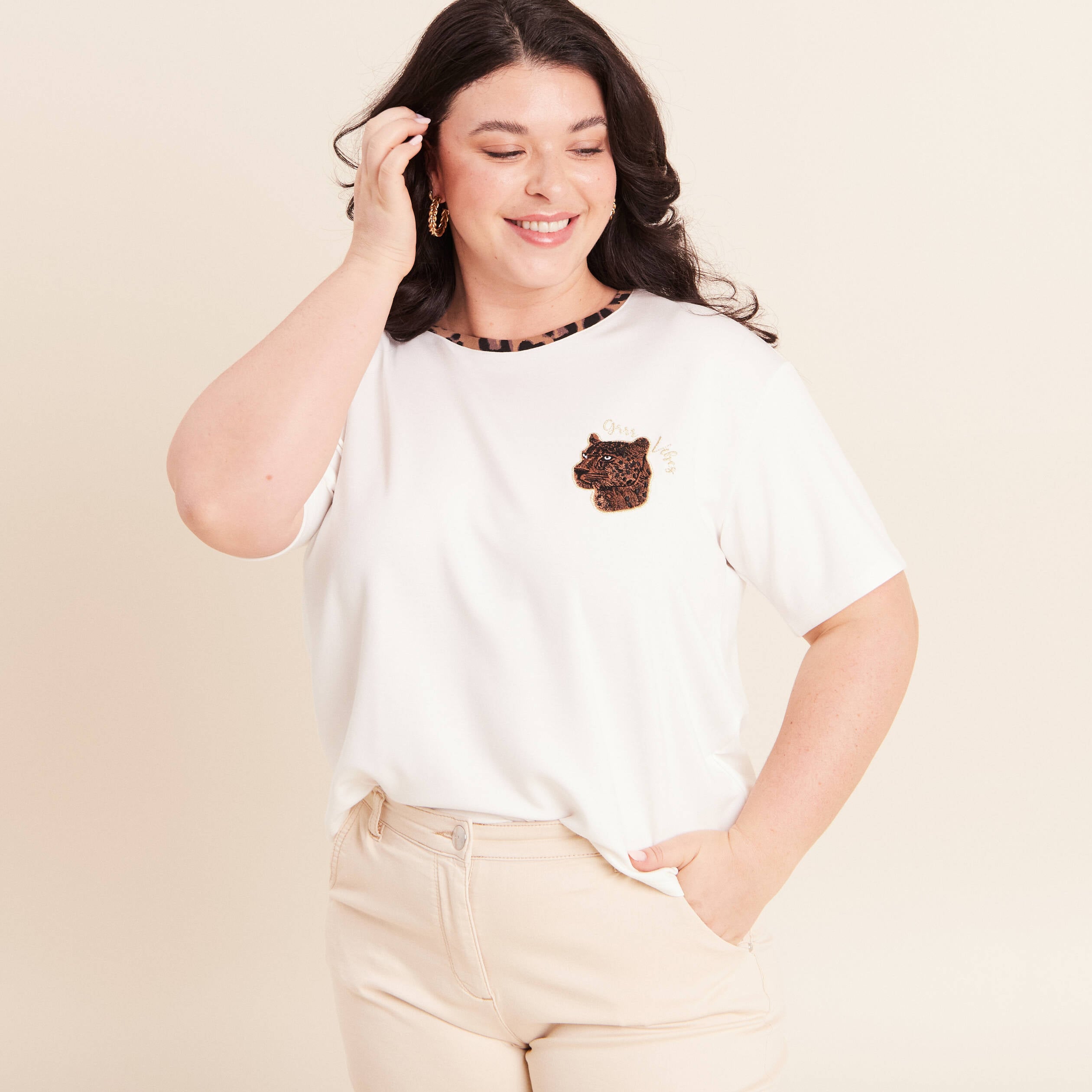 T-shirt col rond manches courtes ecru femme