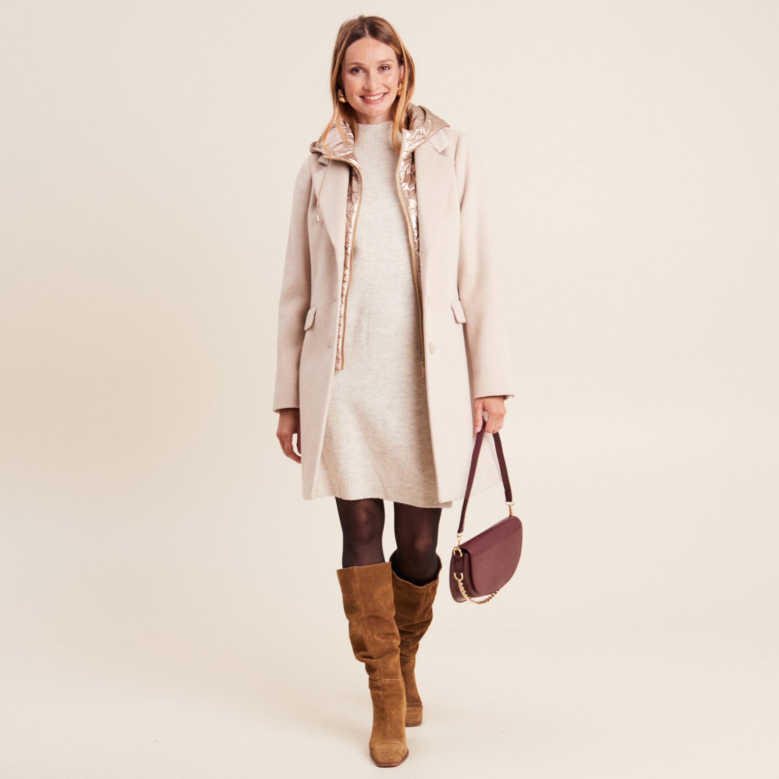 manteau droit a capuche creme femme Manteau droit à capuche creme femme