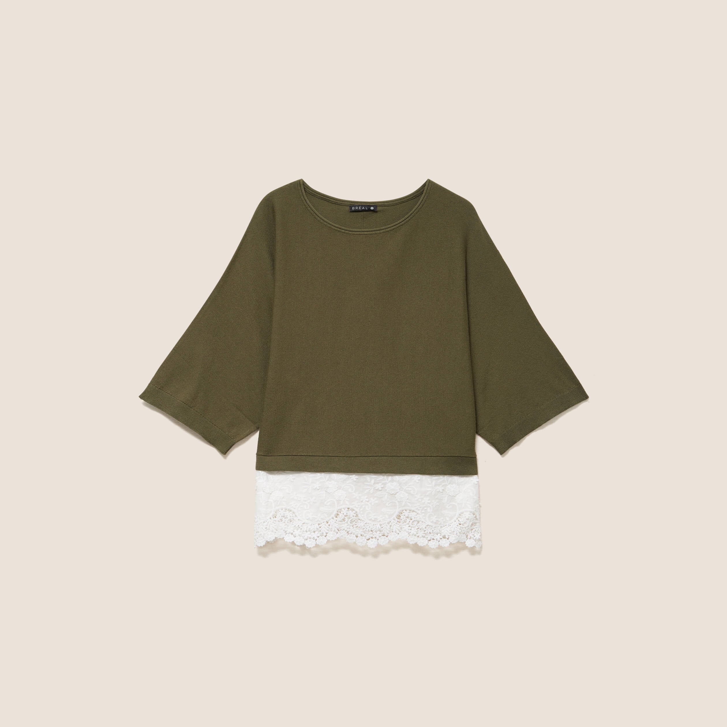 Pull bi-mati&egrave;re col bateau vert kaki femme