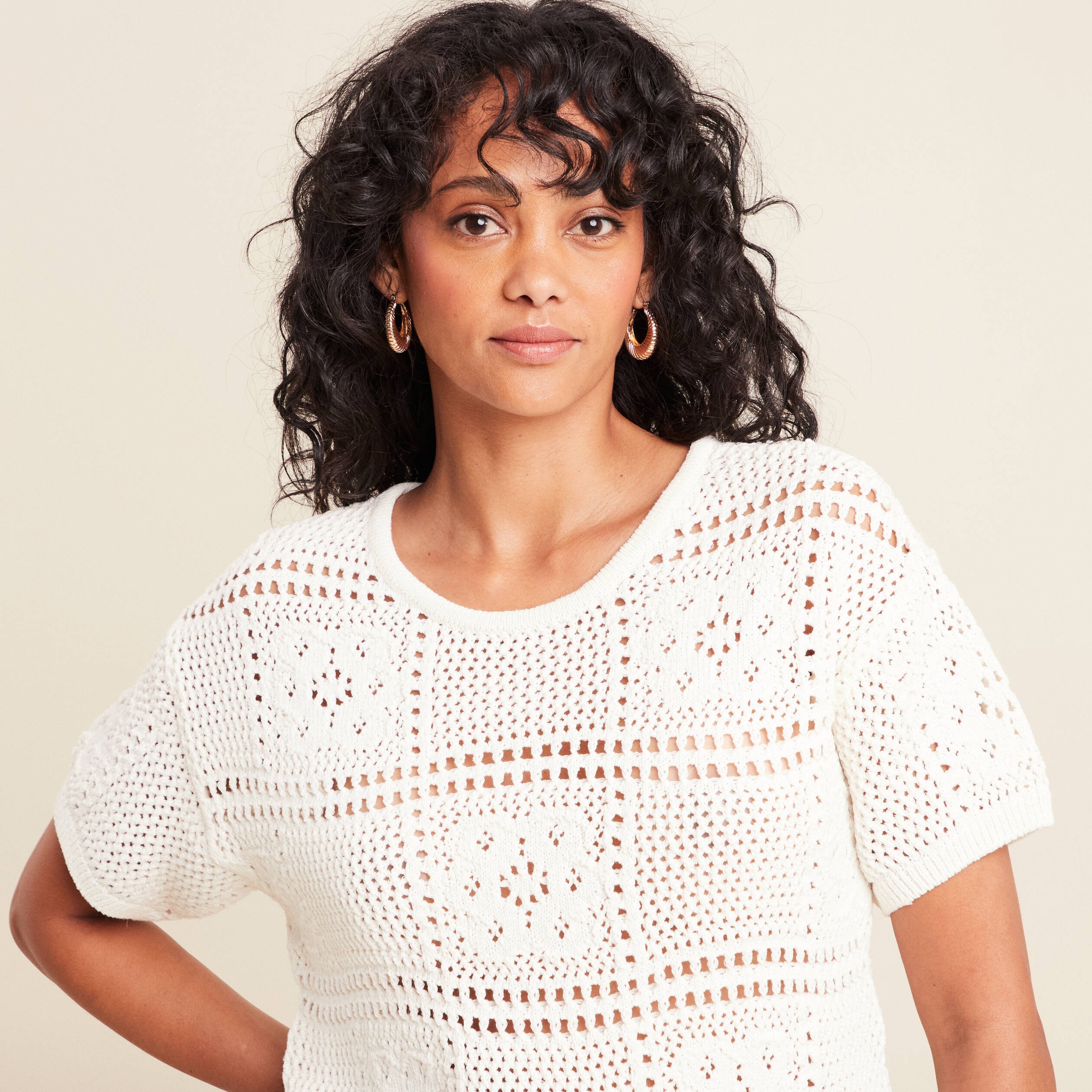 pull court col rond manches courtes ecru femme Pull court col rond manches courtes ecru femme
