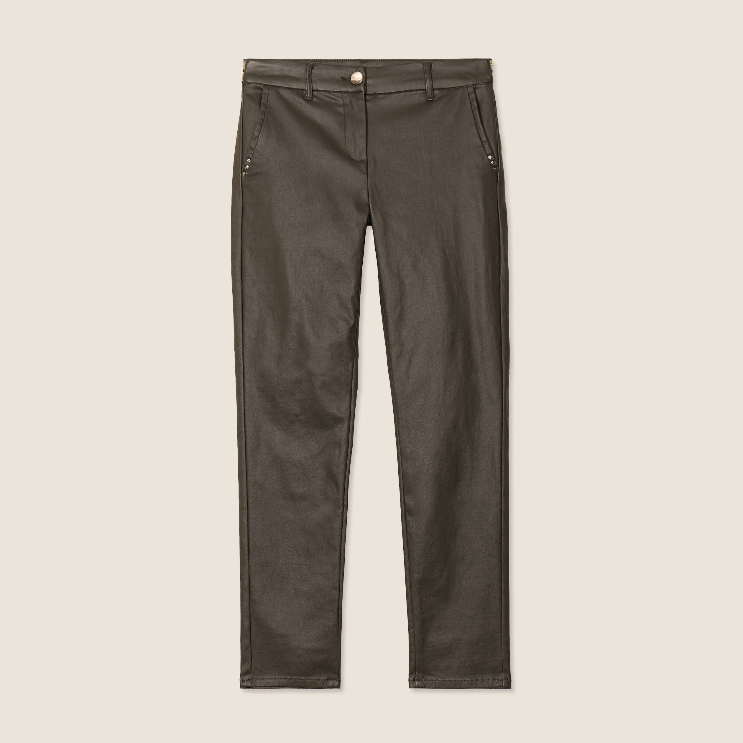 Pantalon ajusté enduit 7/8ème vert kaki femme