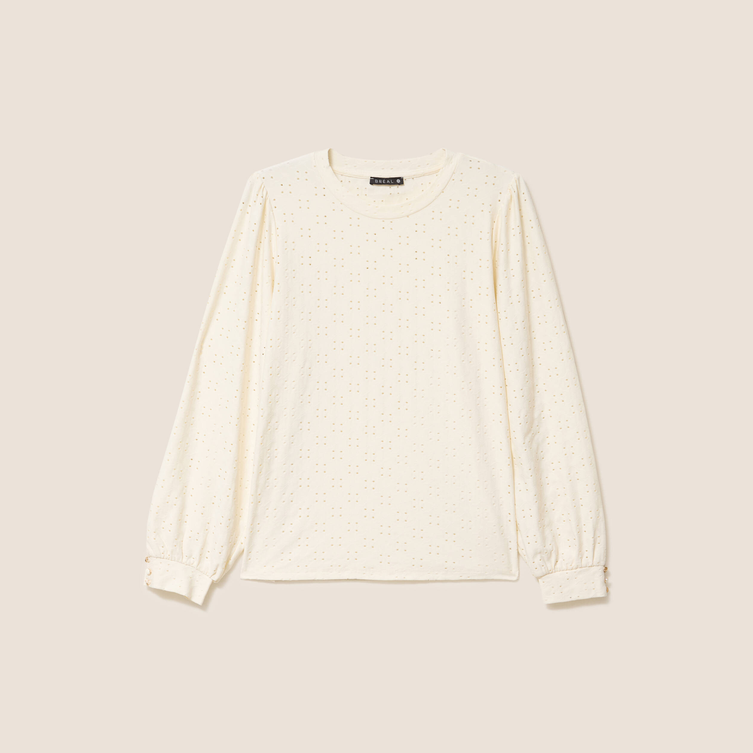Top dentelle col rond manches longues ecru femme