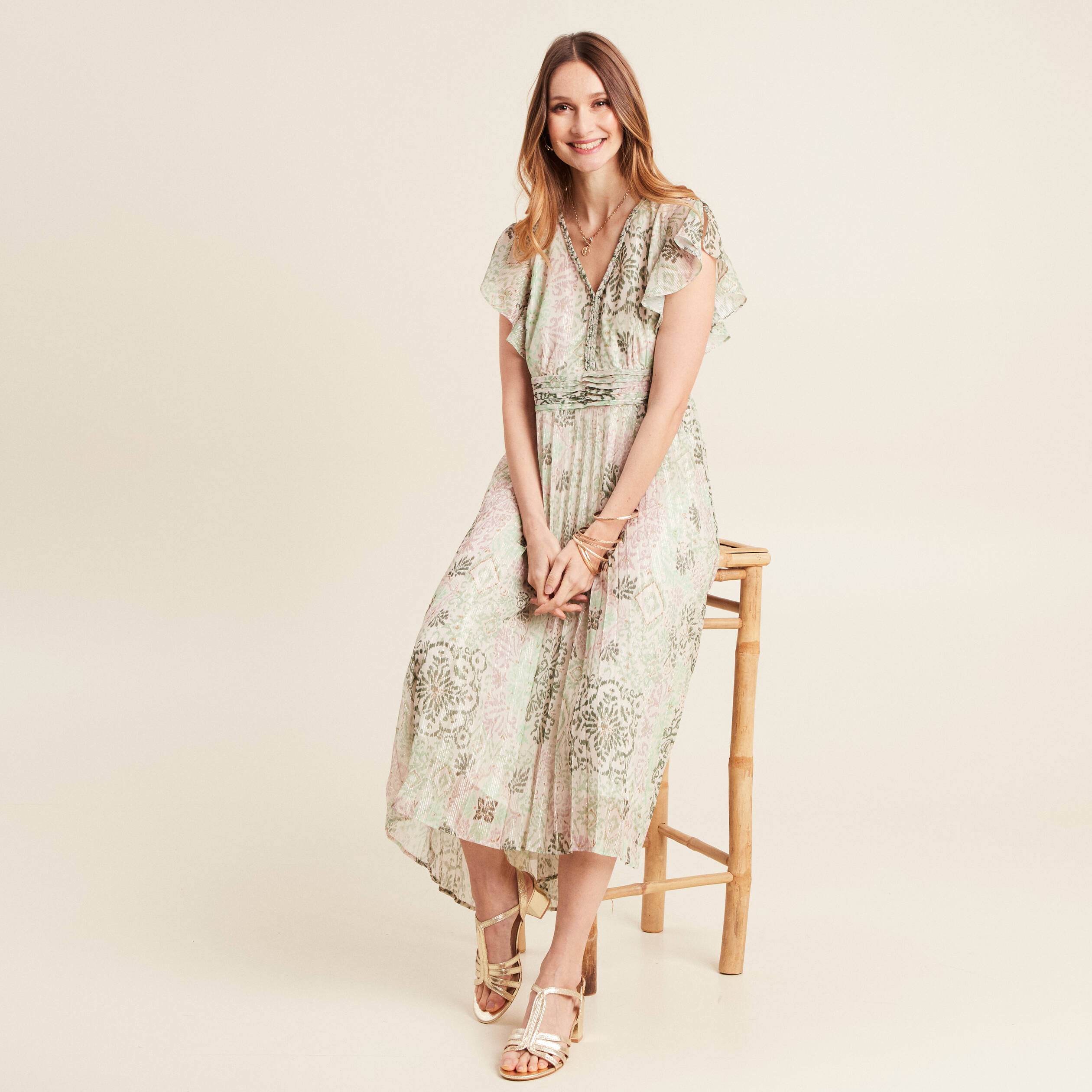 Robe longue évasée plissée vert clair femme