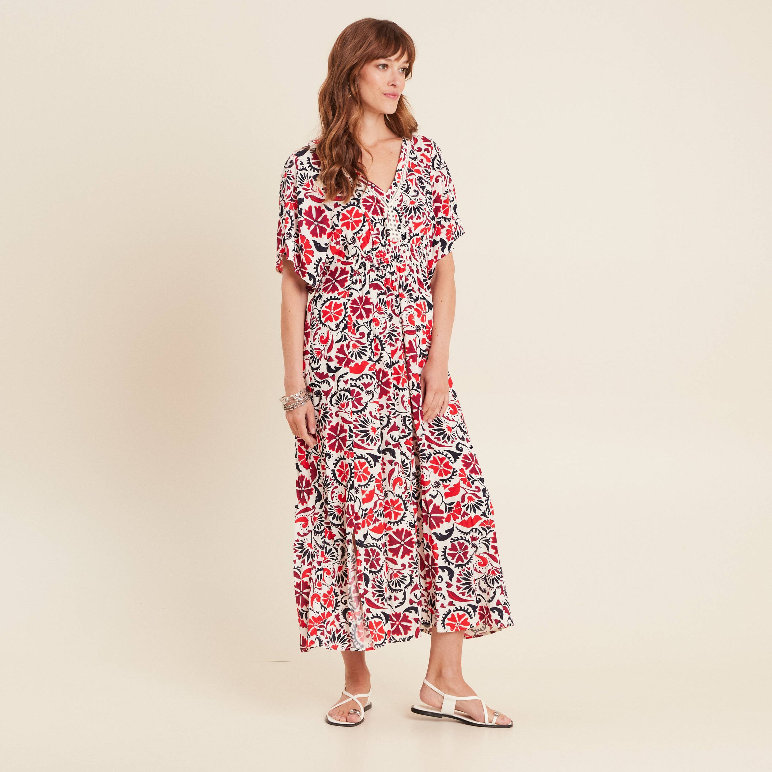 robe longue evasee col en v blanc femme Robe longue évasée col en V blanc femme