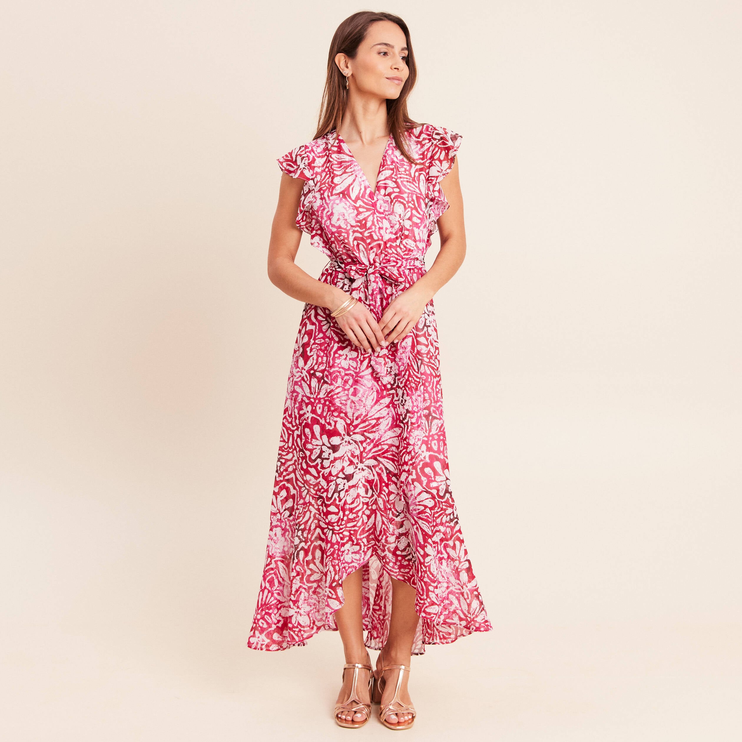 Robe longue portefeuille rose femme