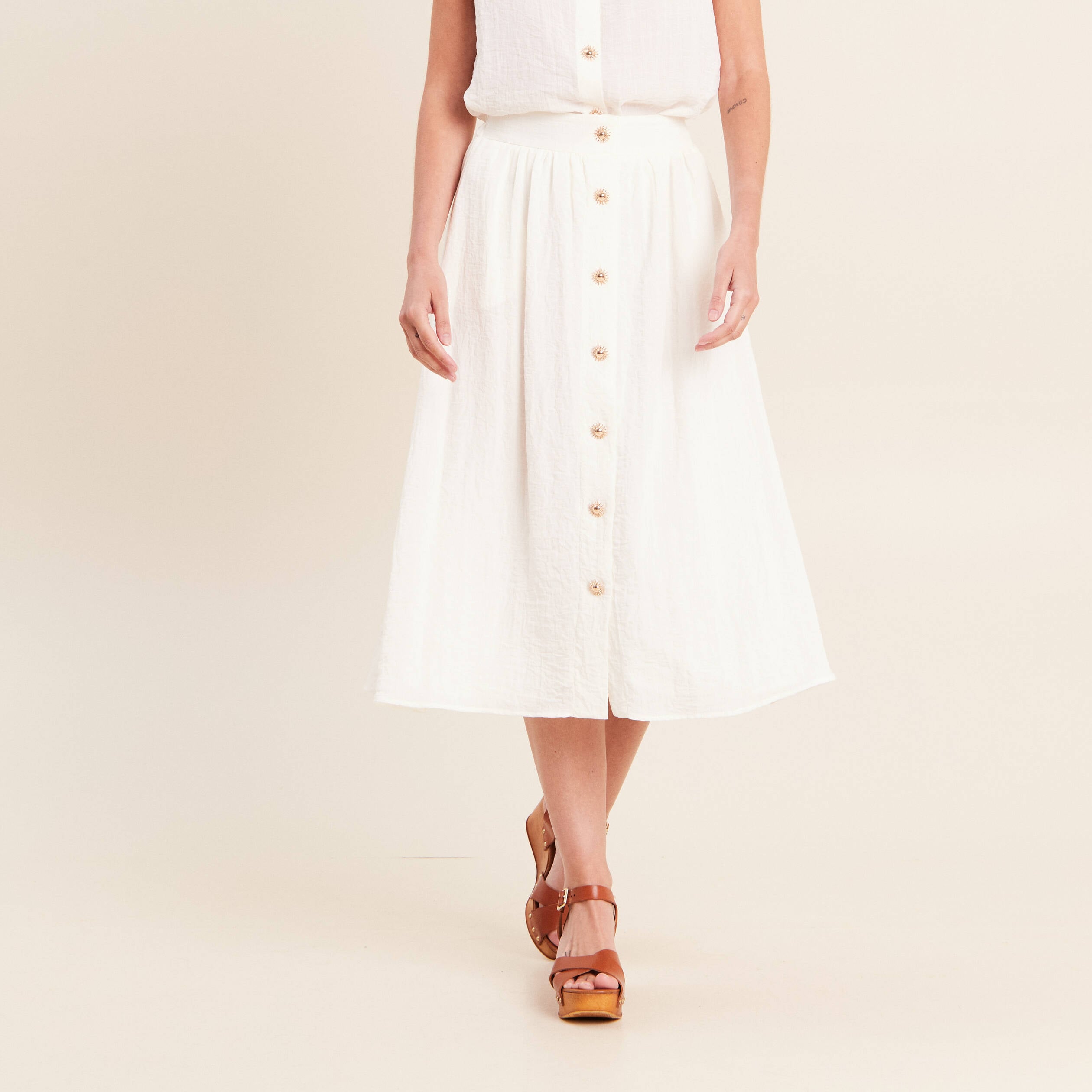 Jupe pliss&eacute;e taille haute doubl&eacute;e ecru femme