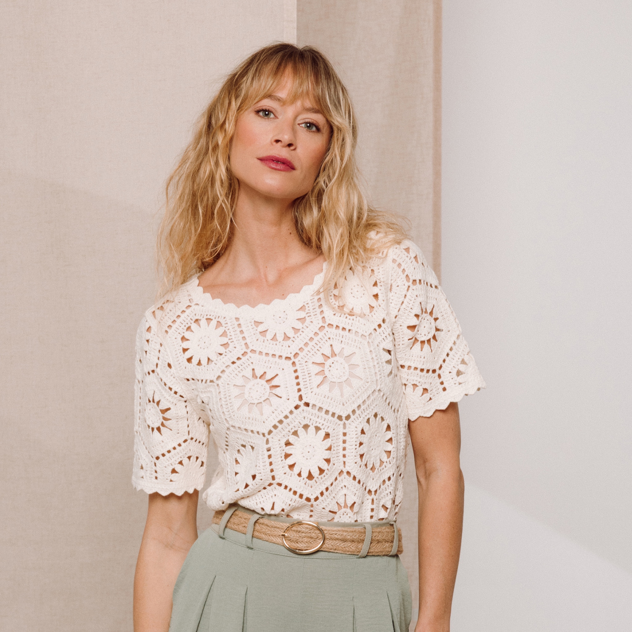Pull col rond manches courtes dentelle ecru femme