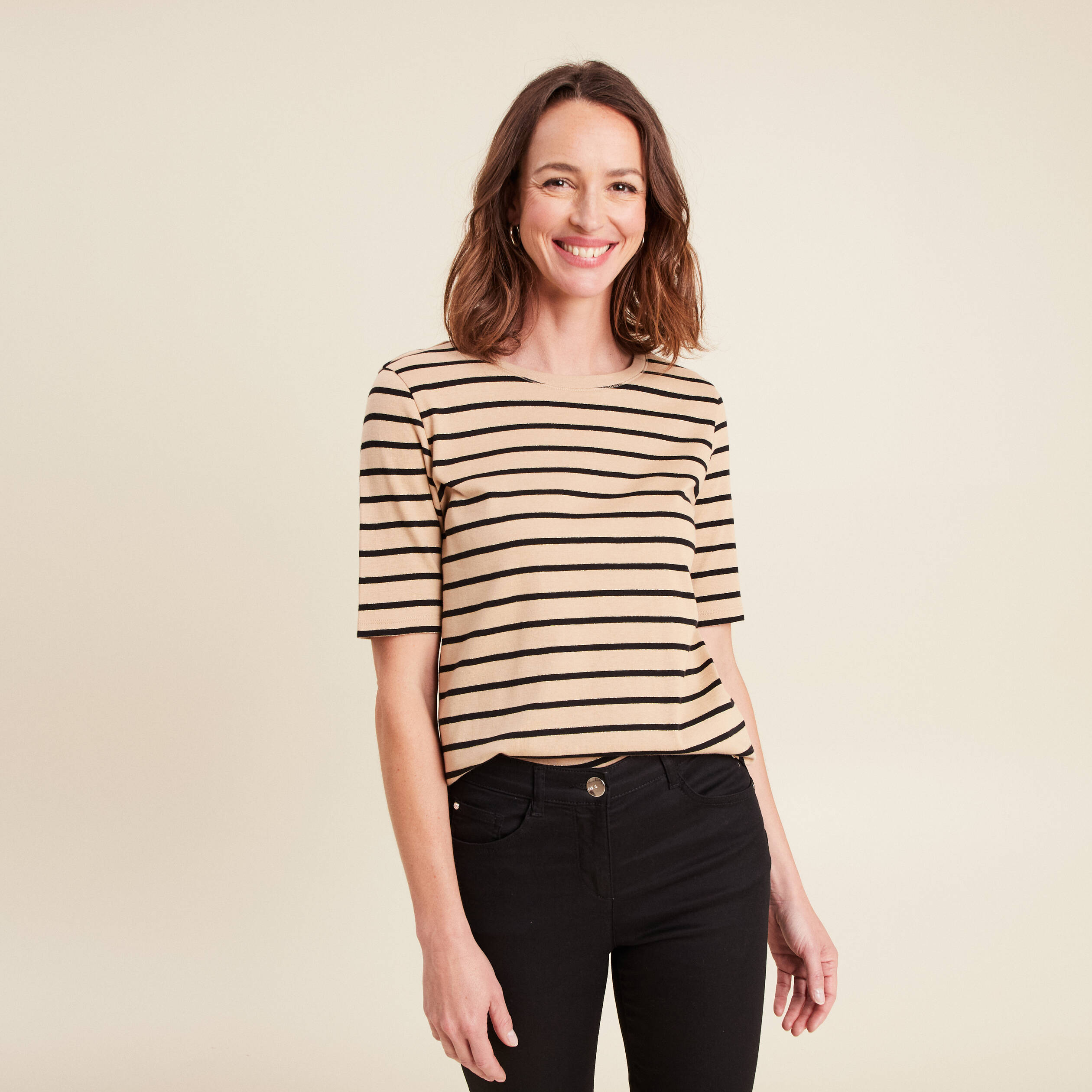 t shirt col rond marron clair femme T-shirt col rond marron clair femme