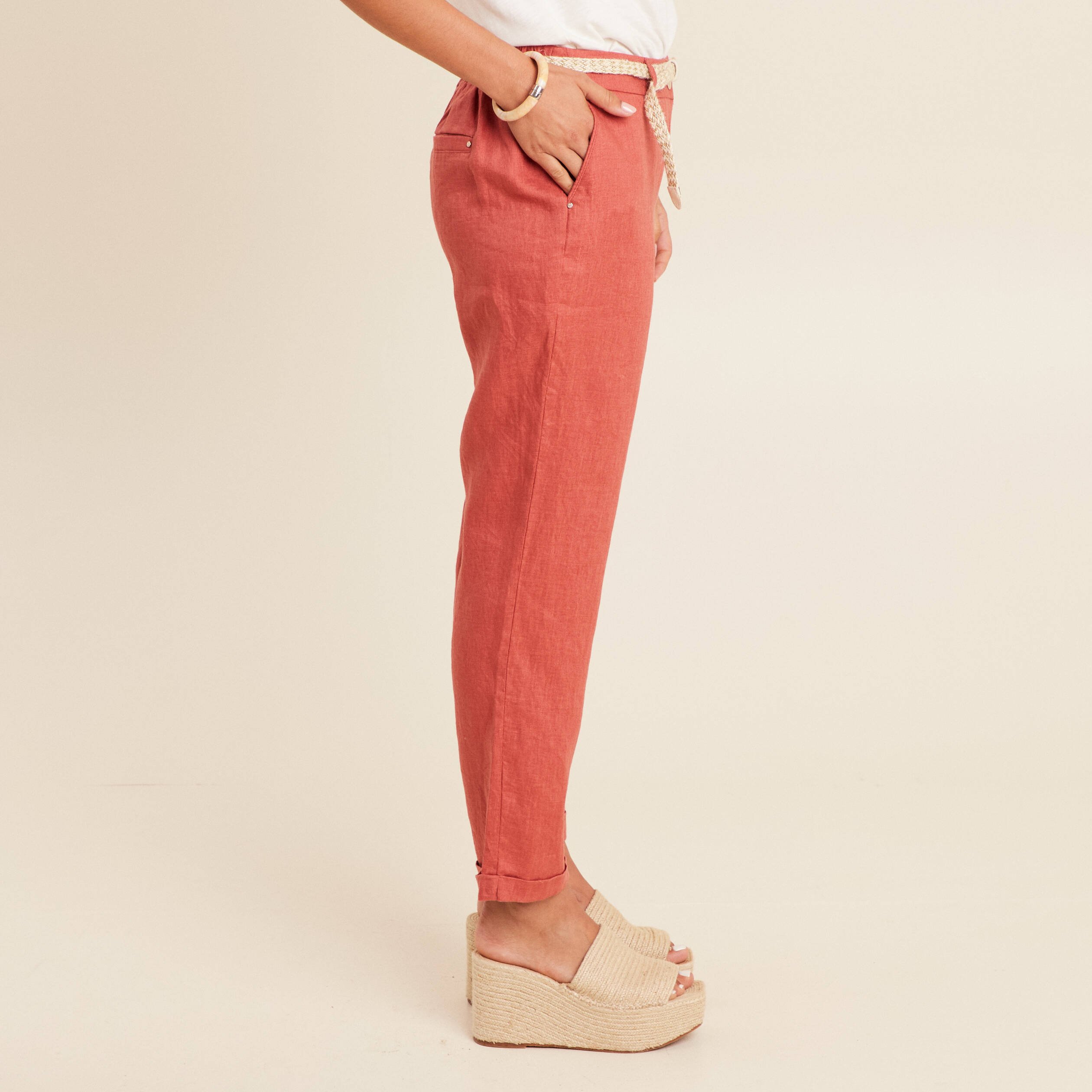 pantalon flou ceinture vieux rose femme Pantalon flou ceinturé vieux rose femme