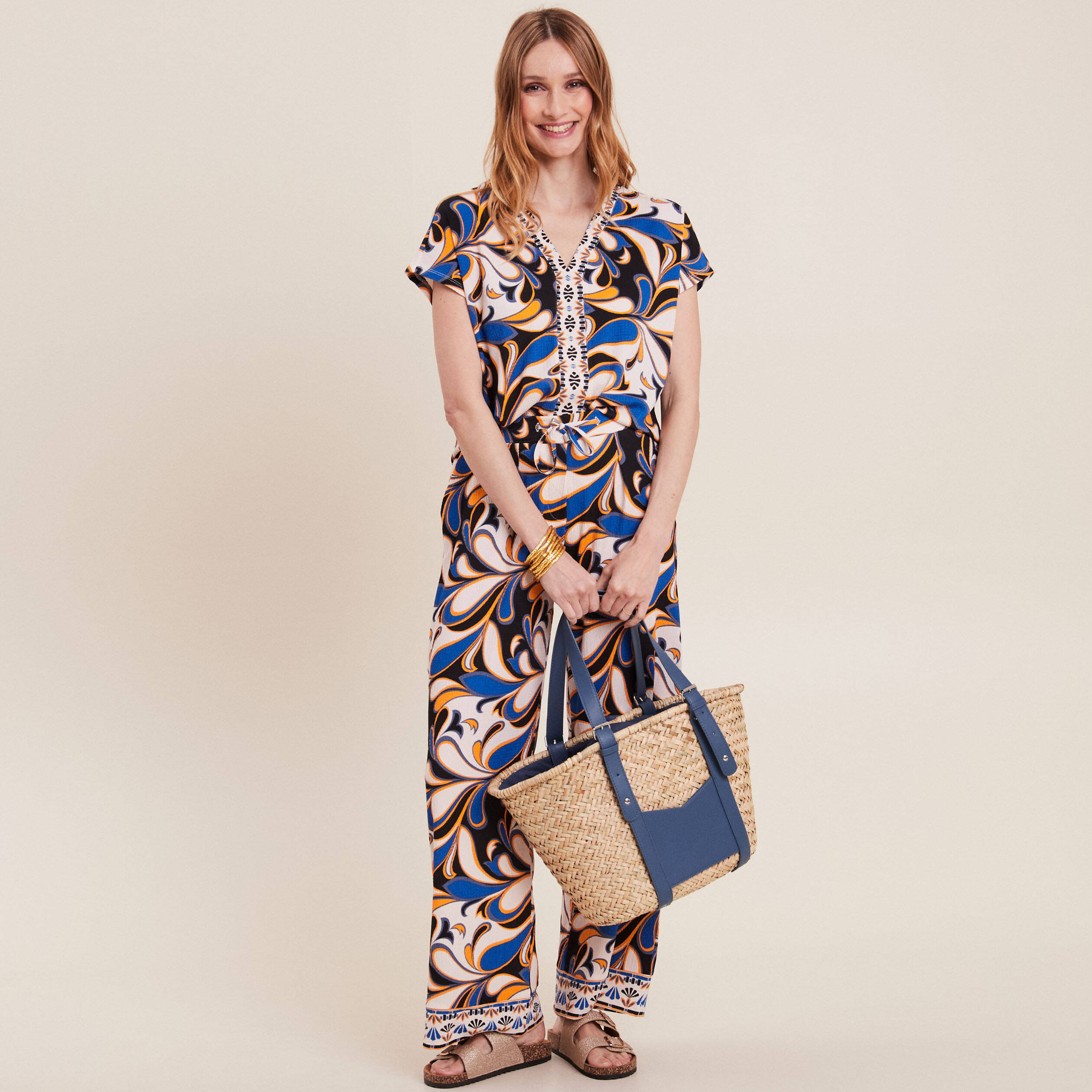 Pantalon large à coulisse bleu femme