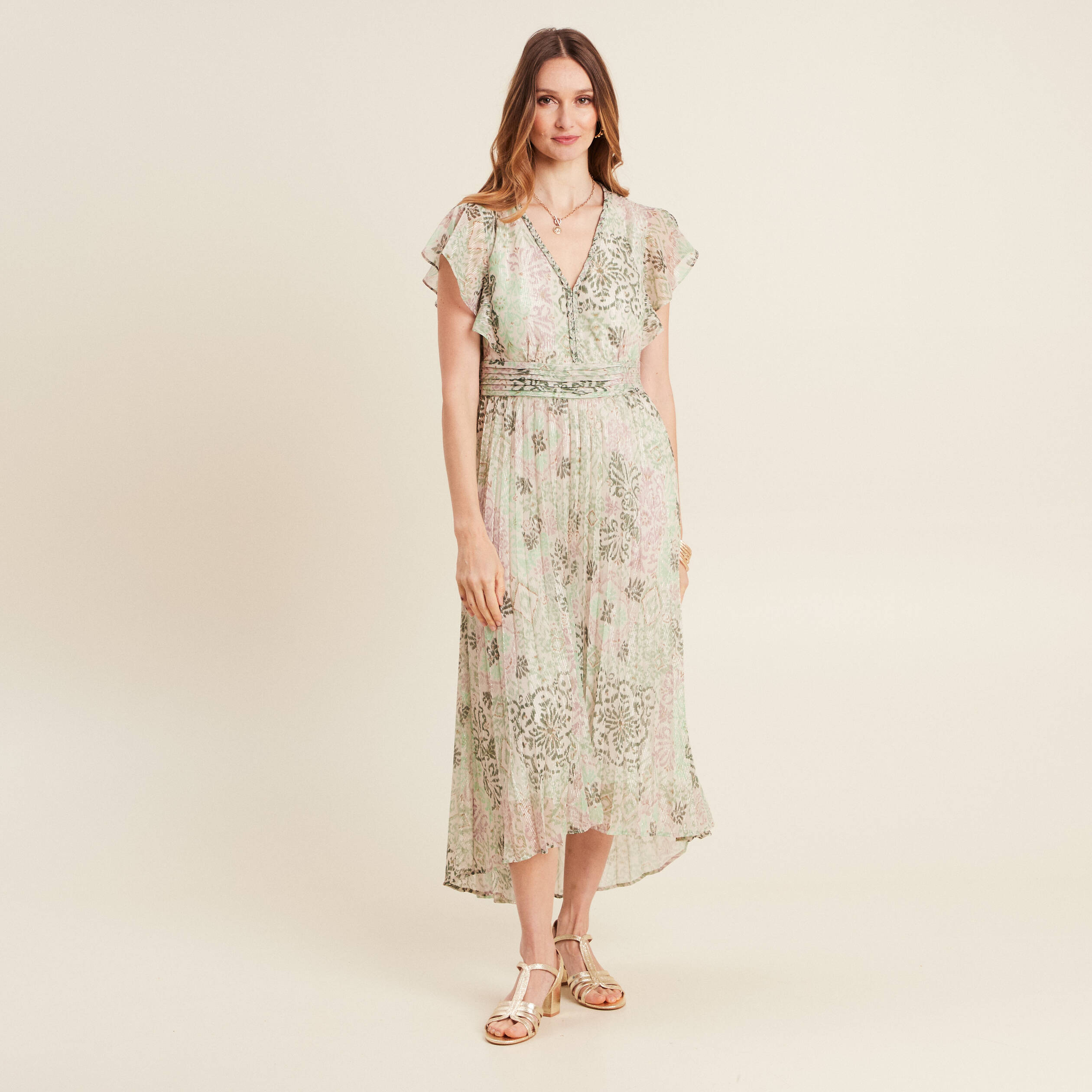 Robe longue évasée plissée vert clair femme