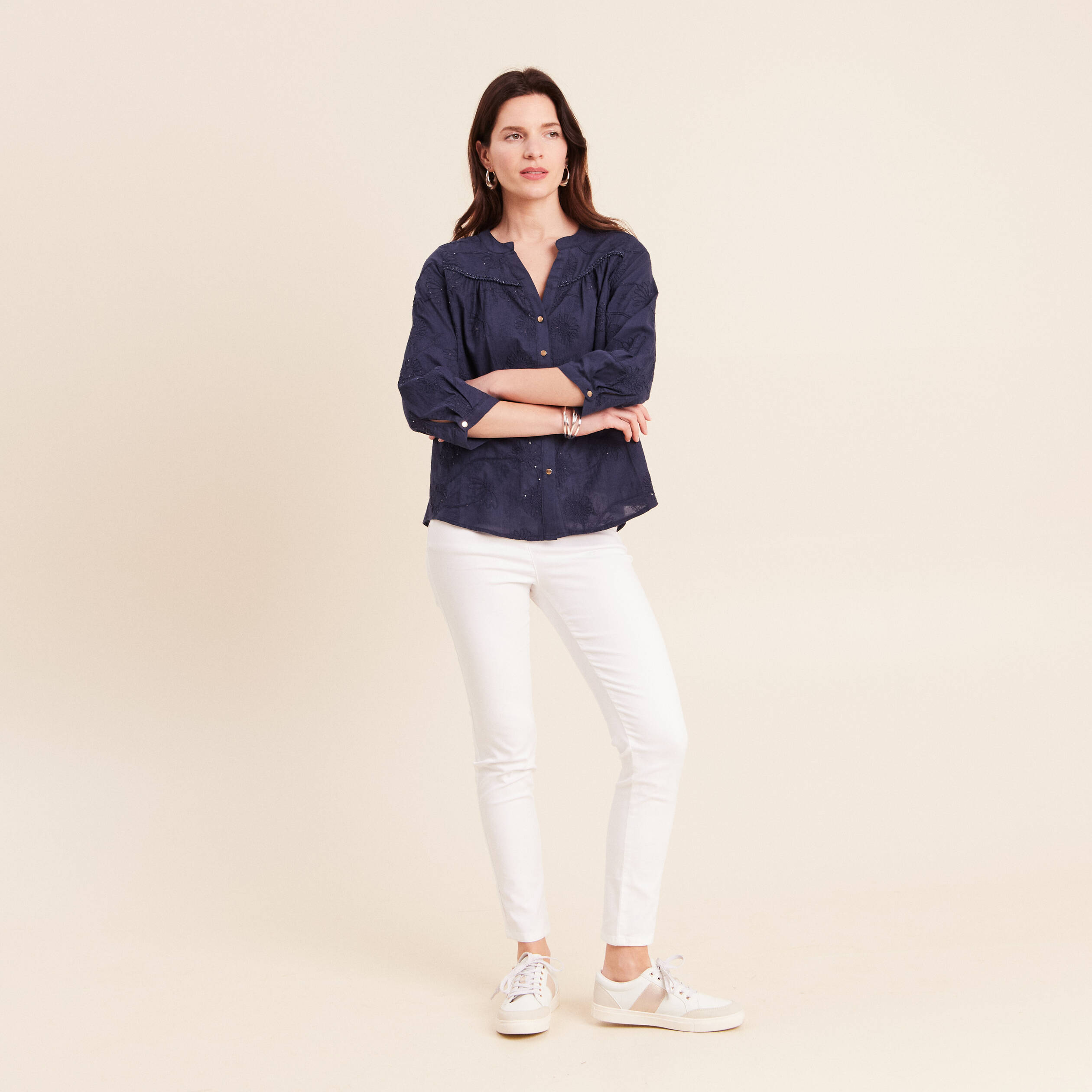 Blouse col tunisien manches 3/4 bleu marine femme