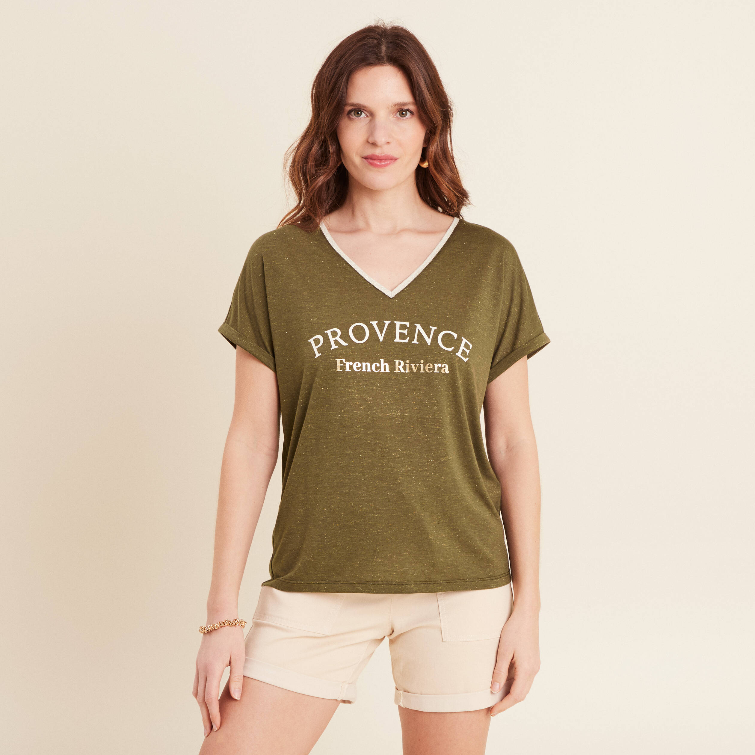T-shirt manches courtes vert olive femme