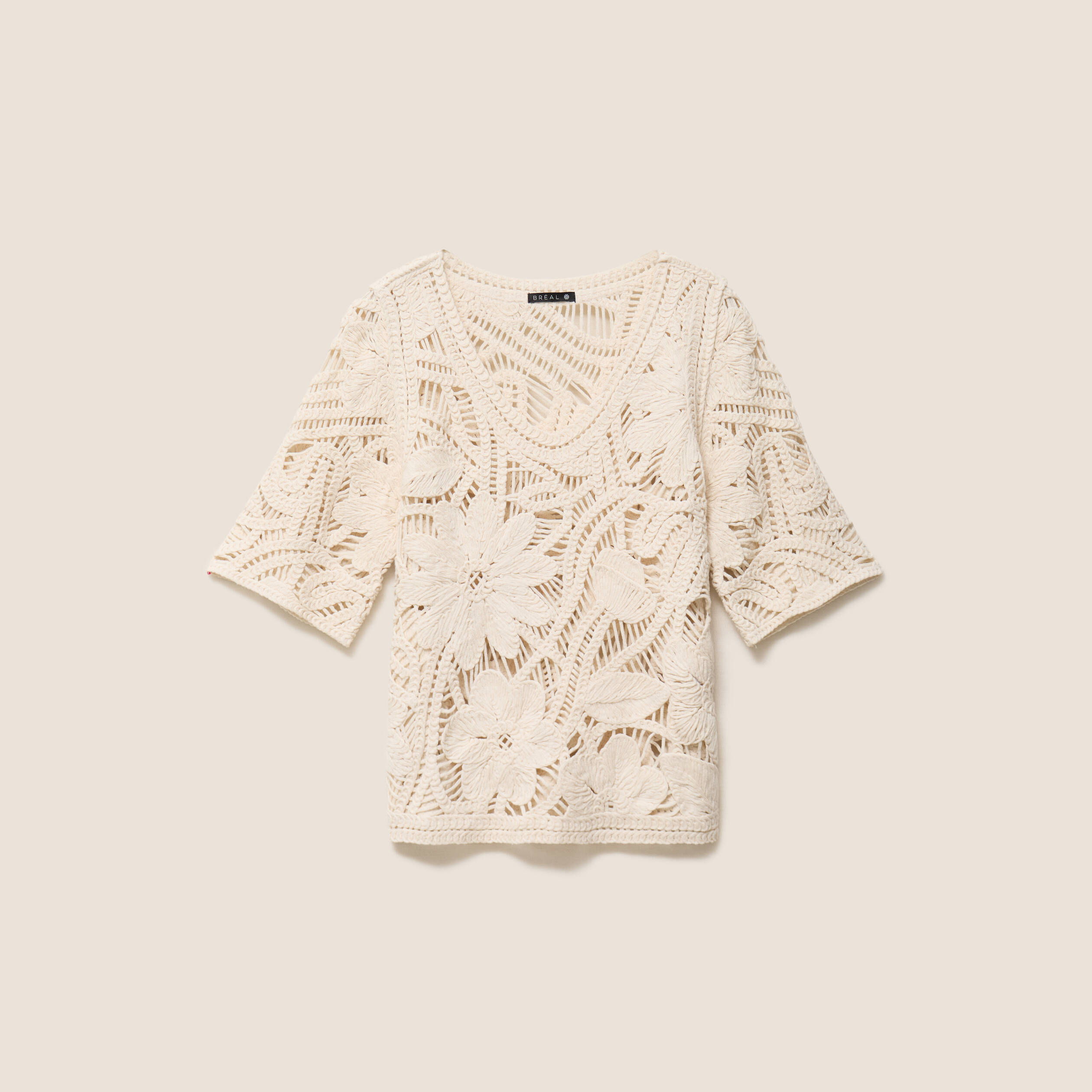 Pull col v manches courtes dentelle ecru femme