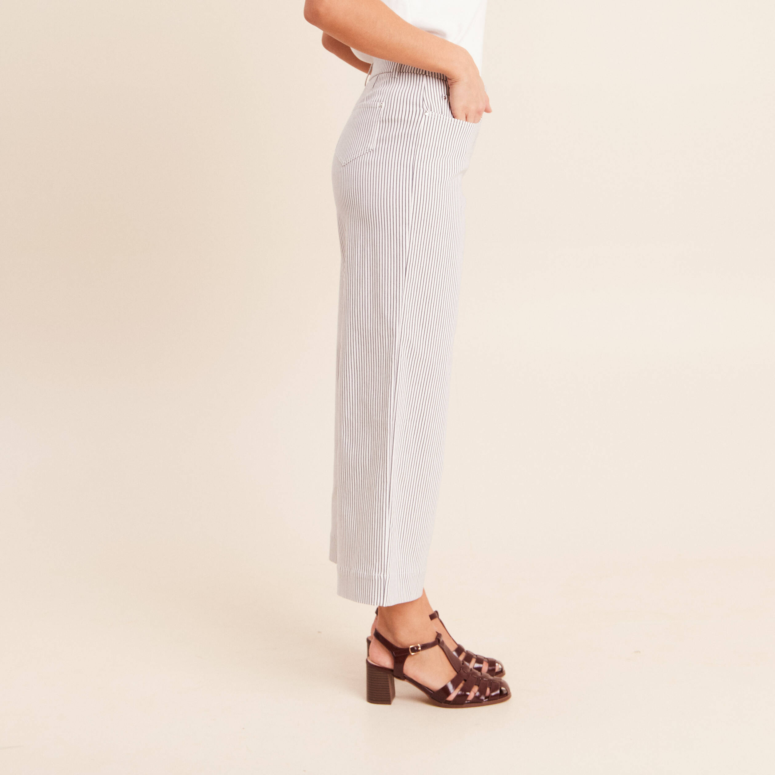 Pantalon large taille haute bleu femme