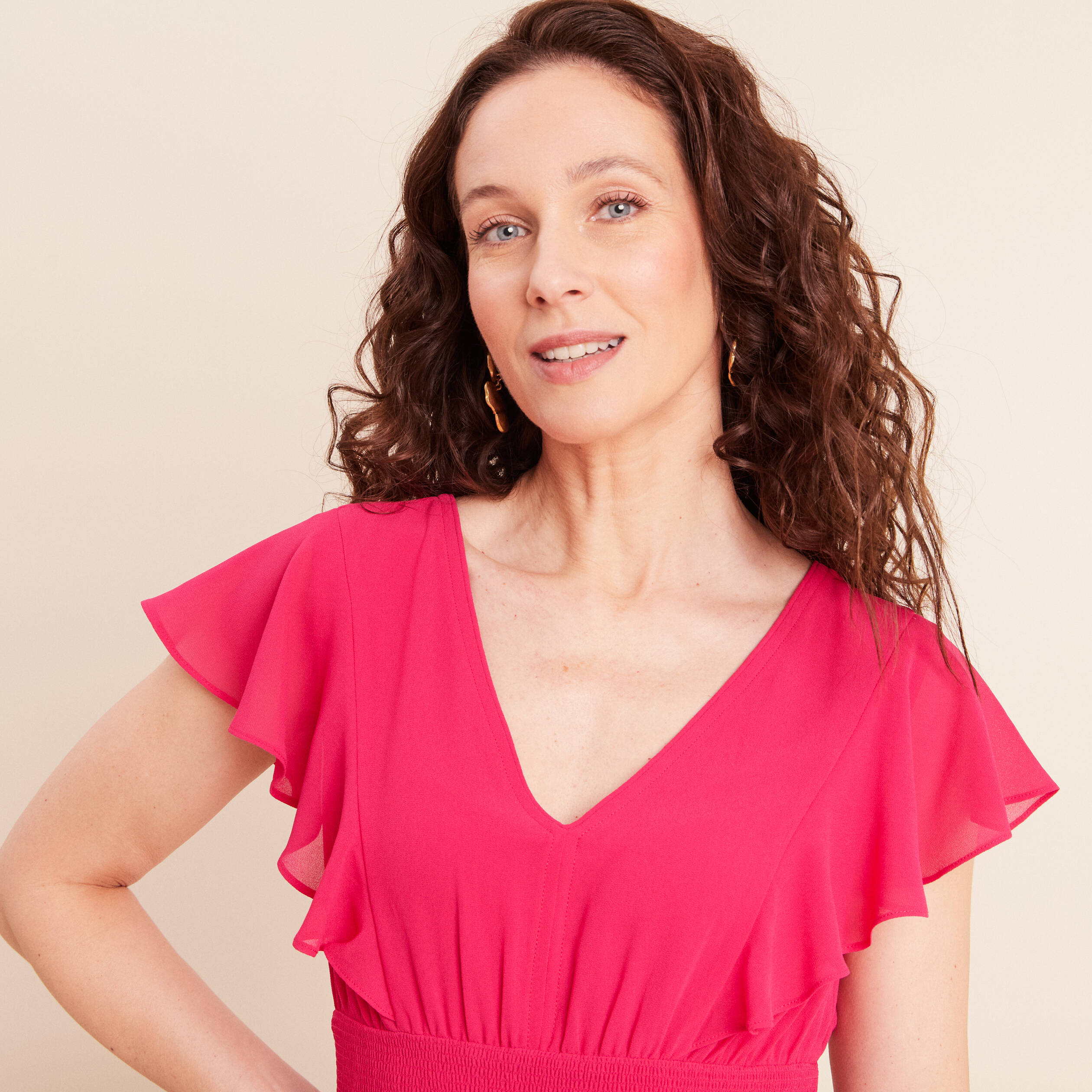Robe longue &eacute;vas&eacute;e &agrave; volants rose fushia femme