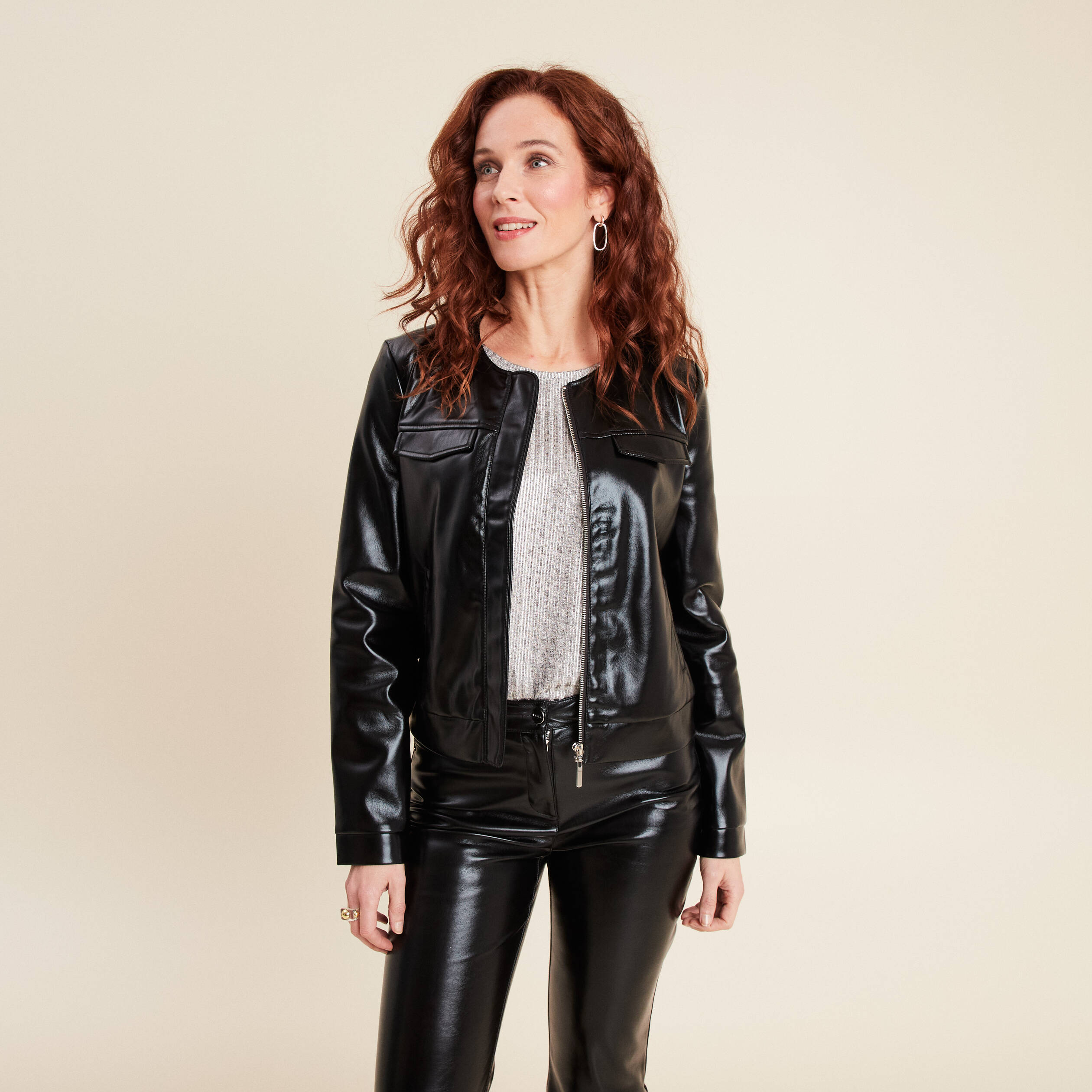 Blouson ajusté simili cuir noir femme