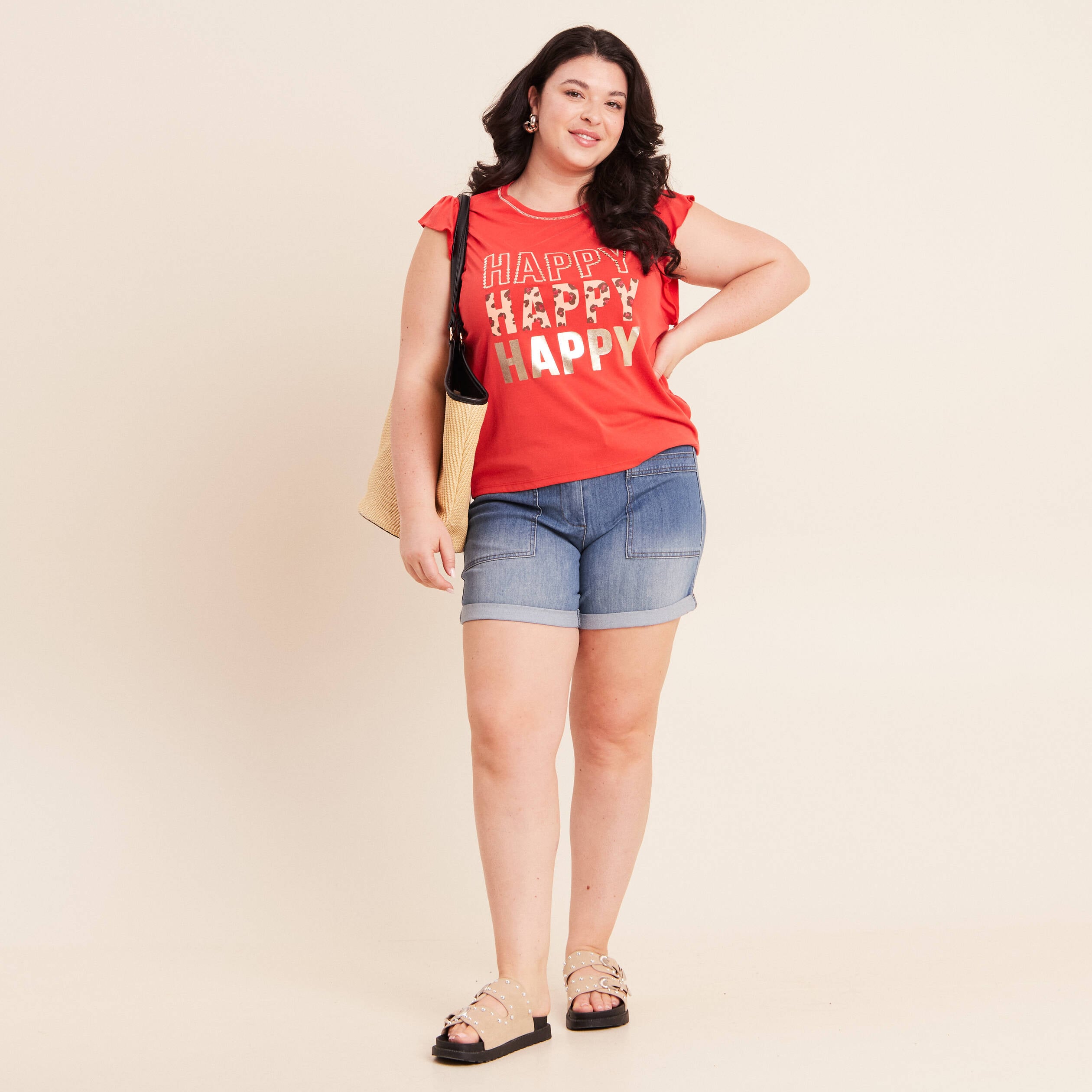 T-shirt manches courtes &agrave; volants orange fonc&eacute; femme