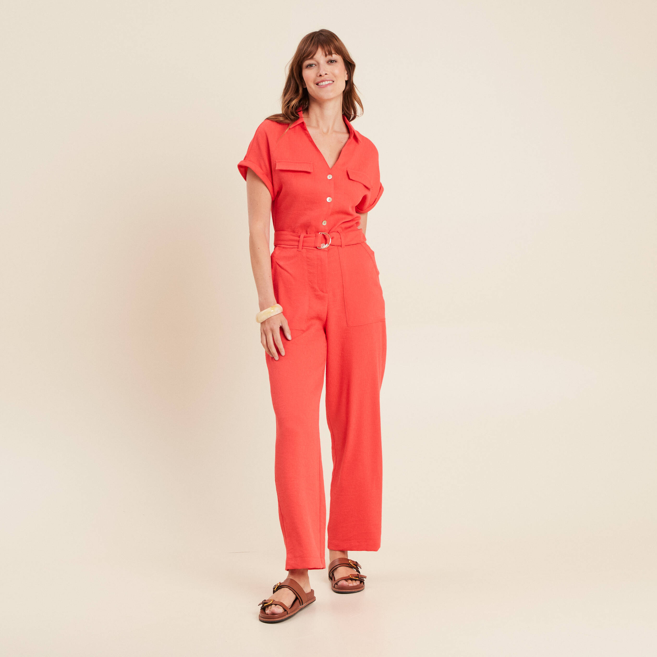 Combinaison fluide boutonn&eacute;e rouge corail femme