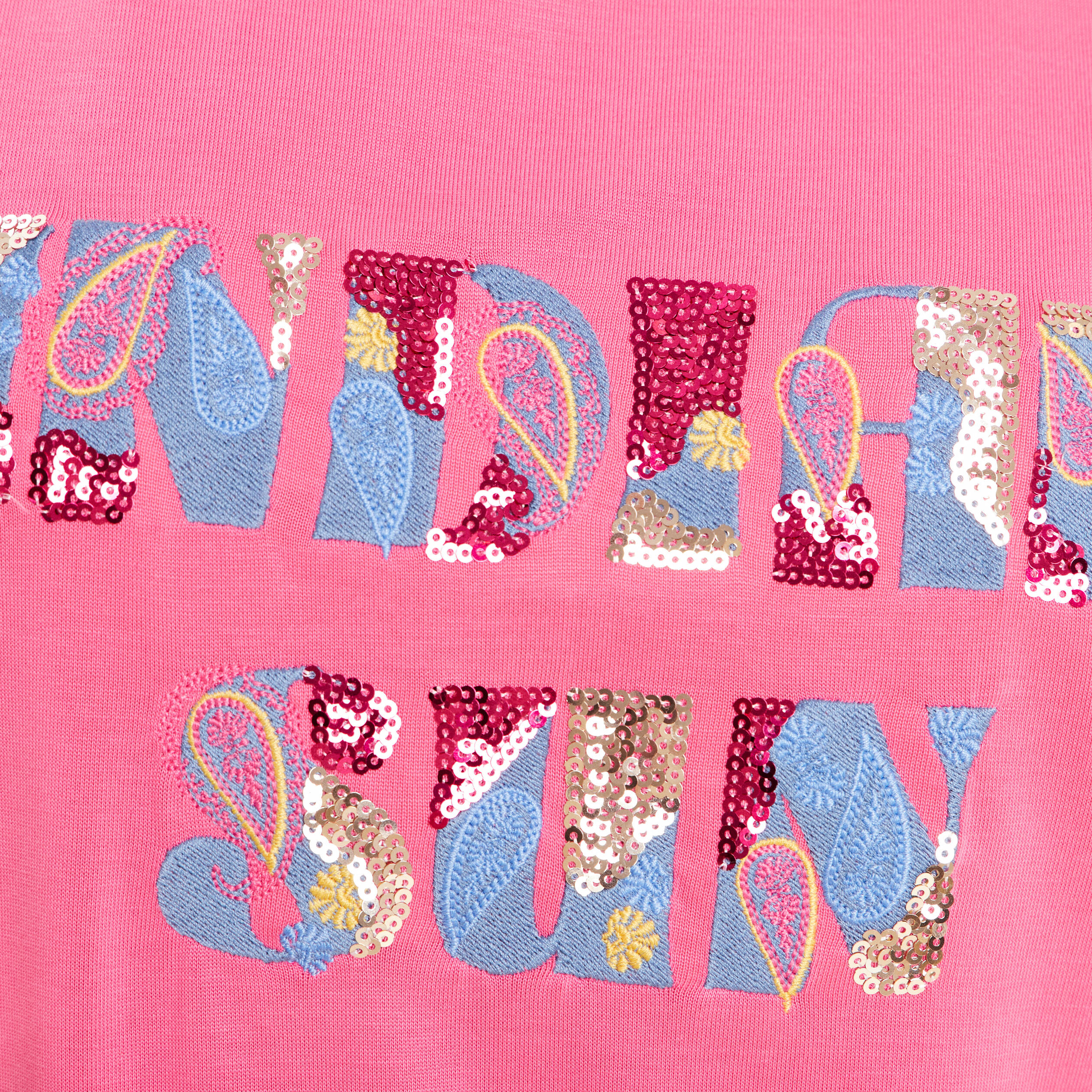 T-shirt col rond manches courtes brod&eacute; rose fushia femme