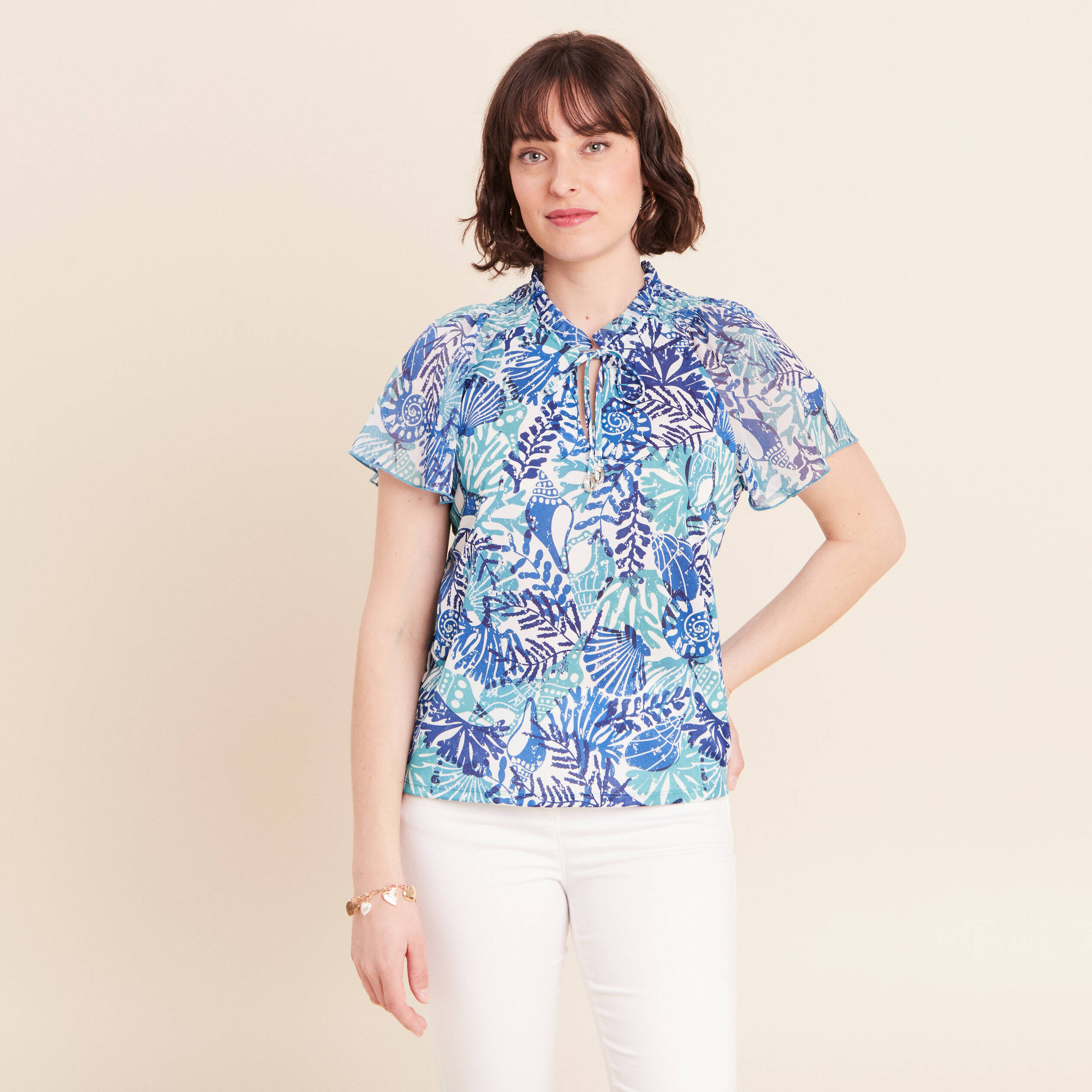 T-shirt col tunisien manches courtes bleu femme
