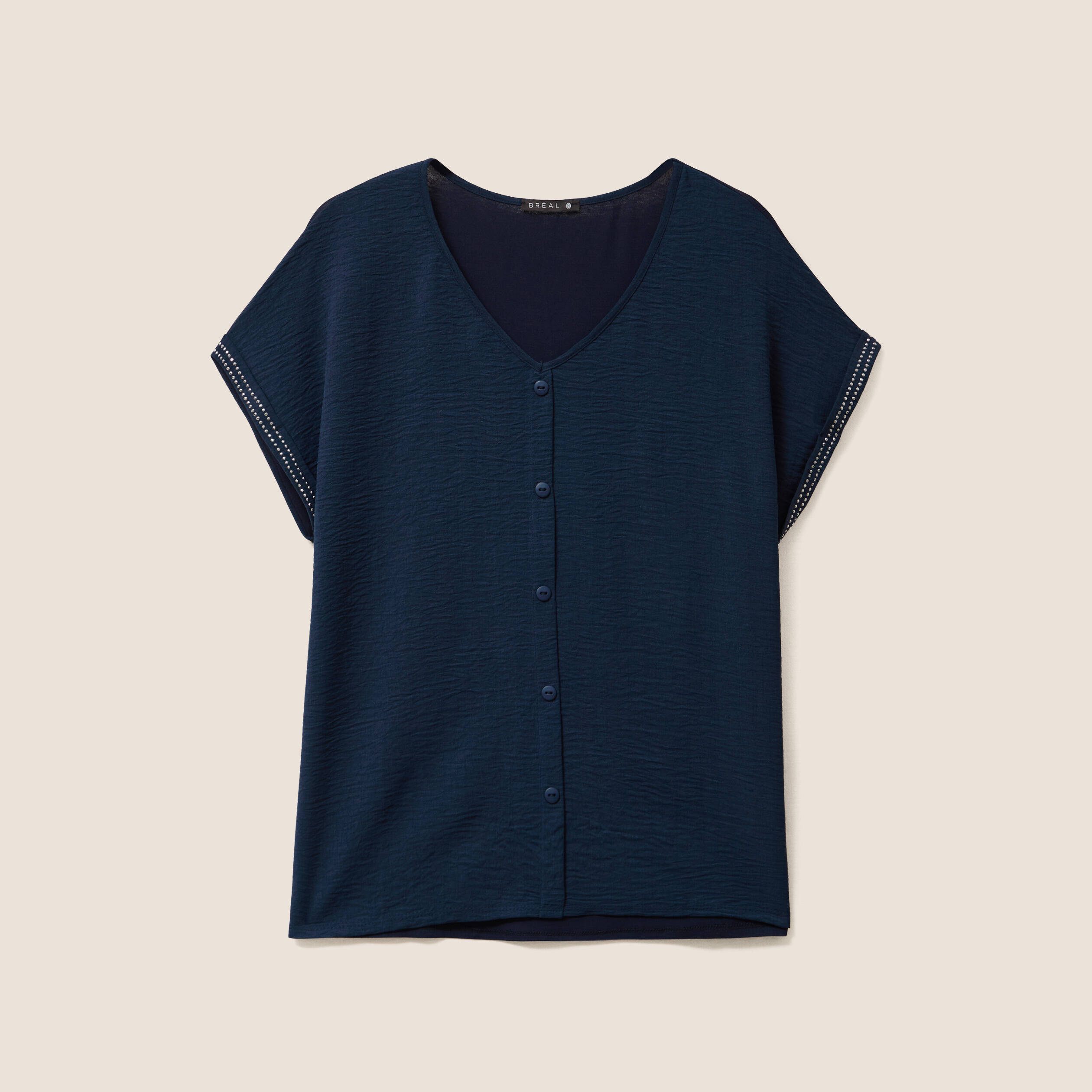 blouse col v manches courtes bleu fonce femme Blouse col v manches courtes bleu foncé femme