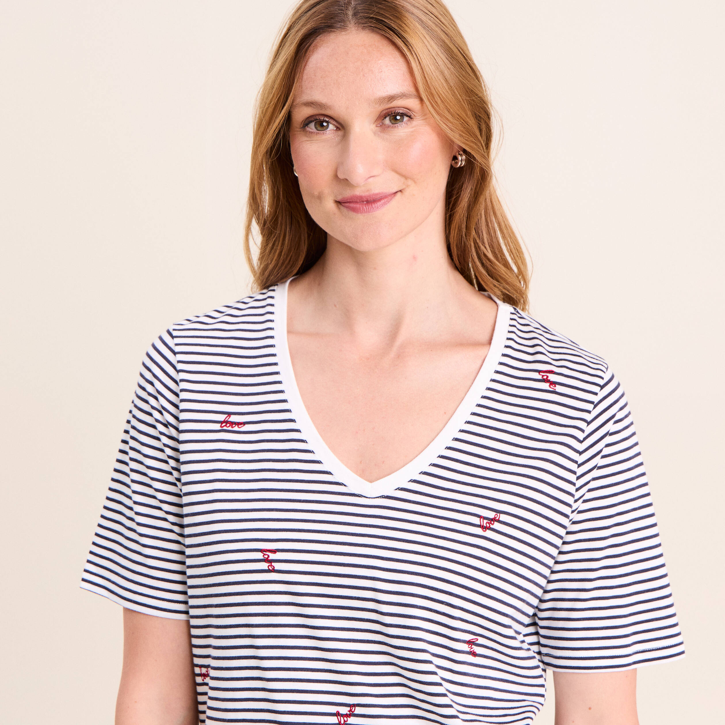 T-shirt droit broderie manches courtes bleu femme
