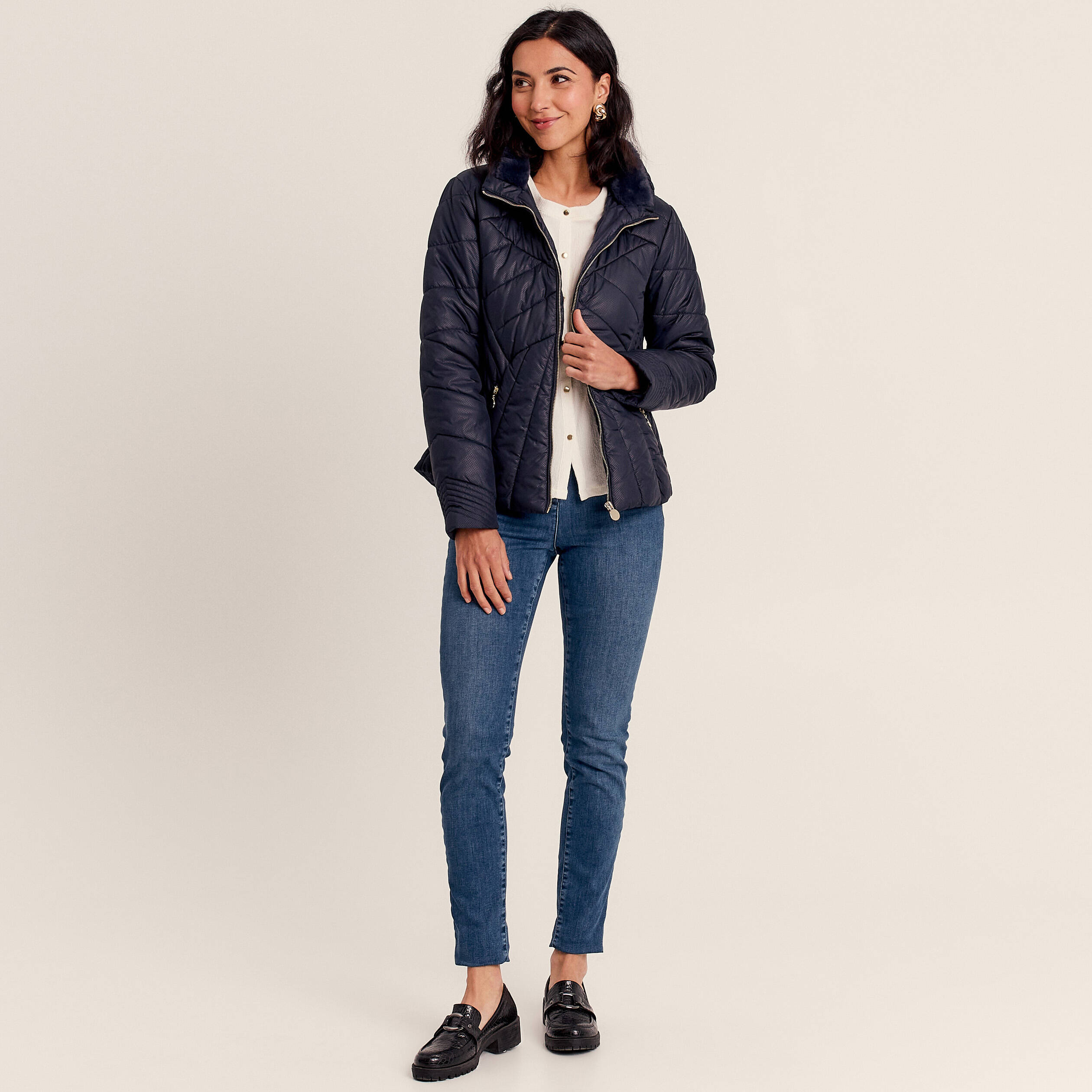 Doudoune déperlante droite zippée bleu foncé femme