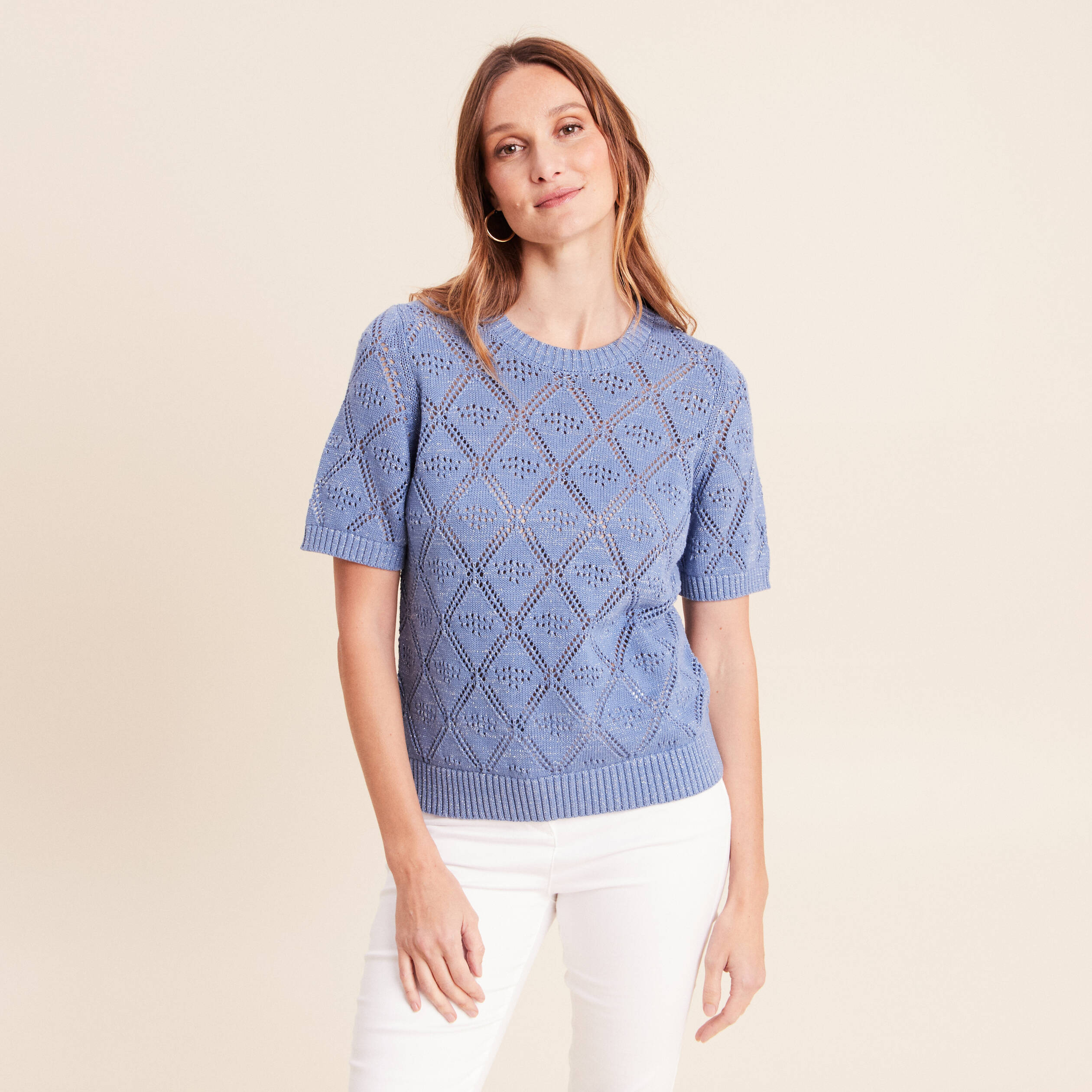 Pull droit court manches courtes bleu ciel femme
