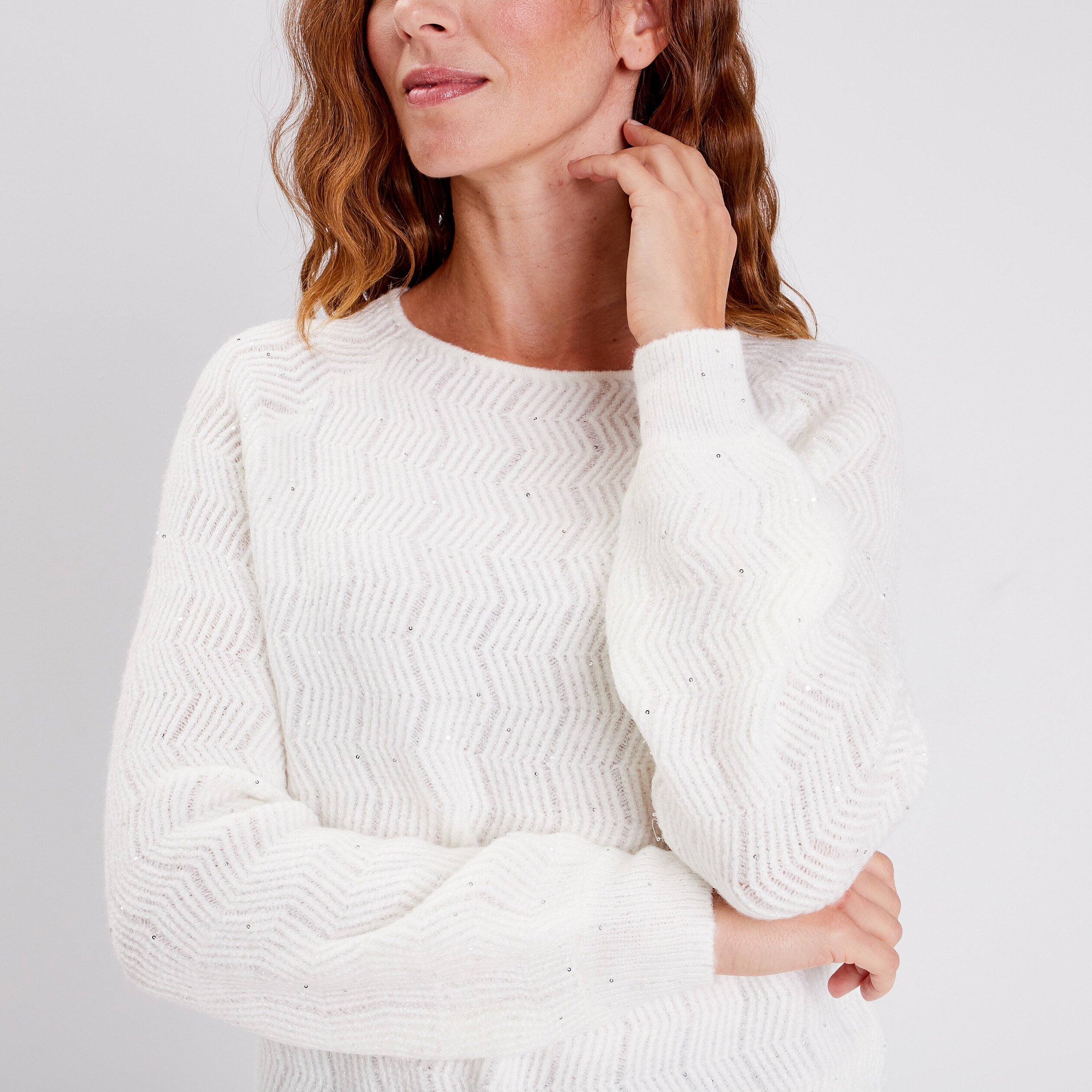 Pull manches longues à sequins ecru femme