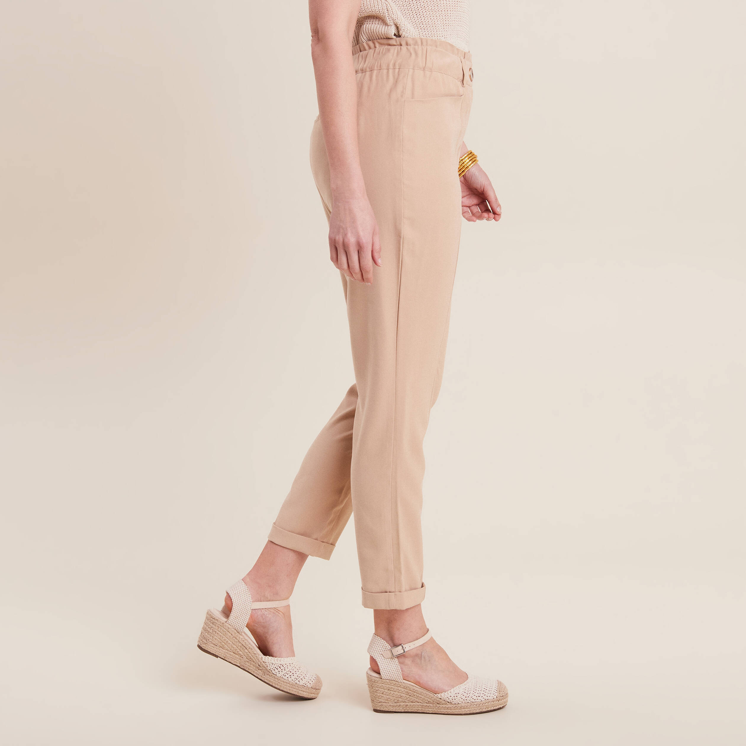 Pantalon carotte 7/8&egrave;me beige femme