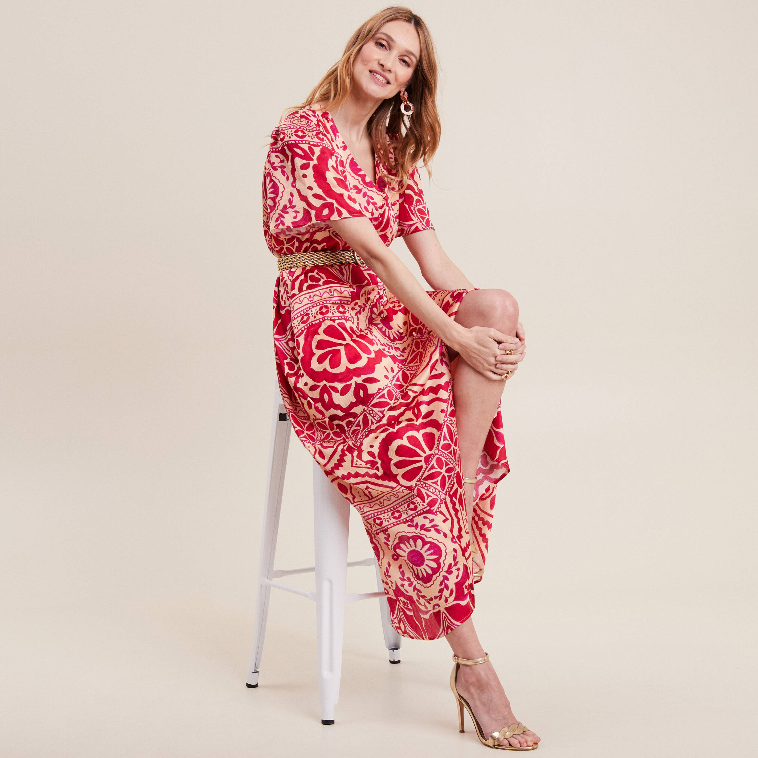 Robe longue évasée satin rose fushia femme