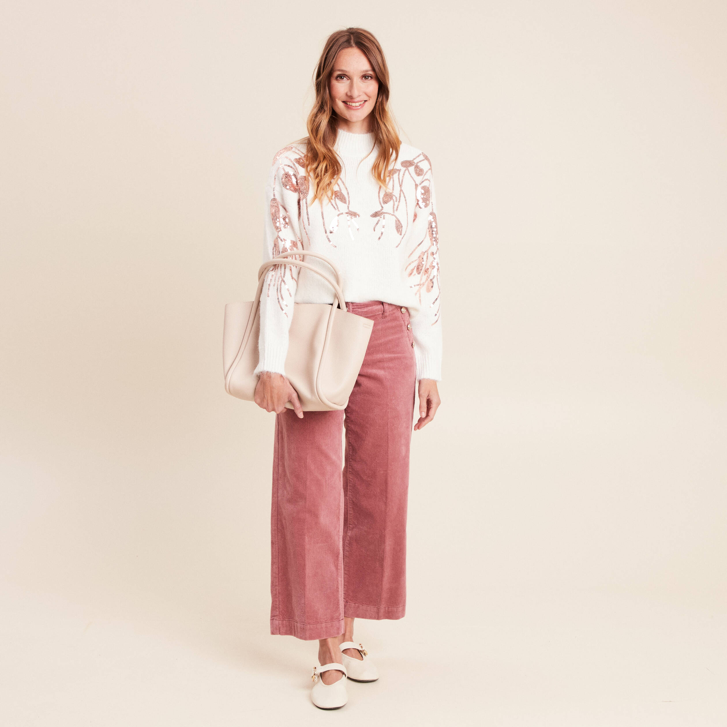Pull col rond manches longues sequins ecru femme