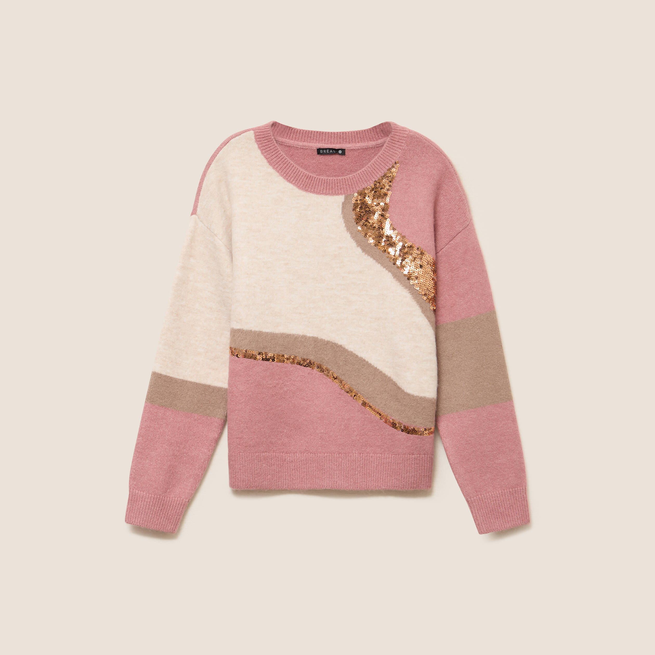 Pull col rond manches longues &agrave; sequins taupe femme