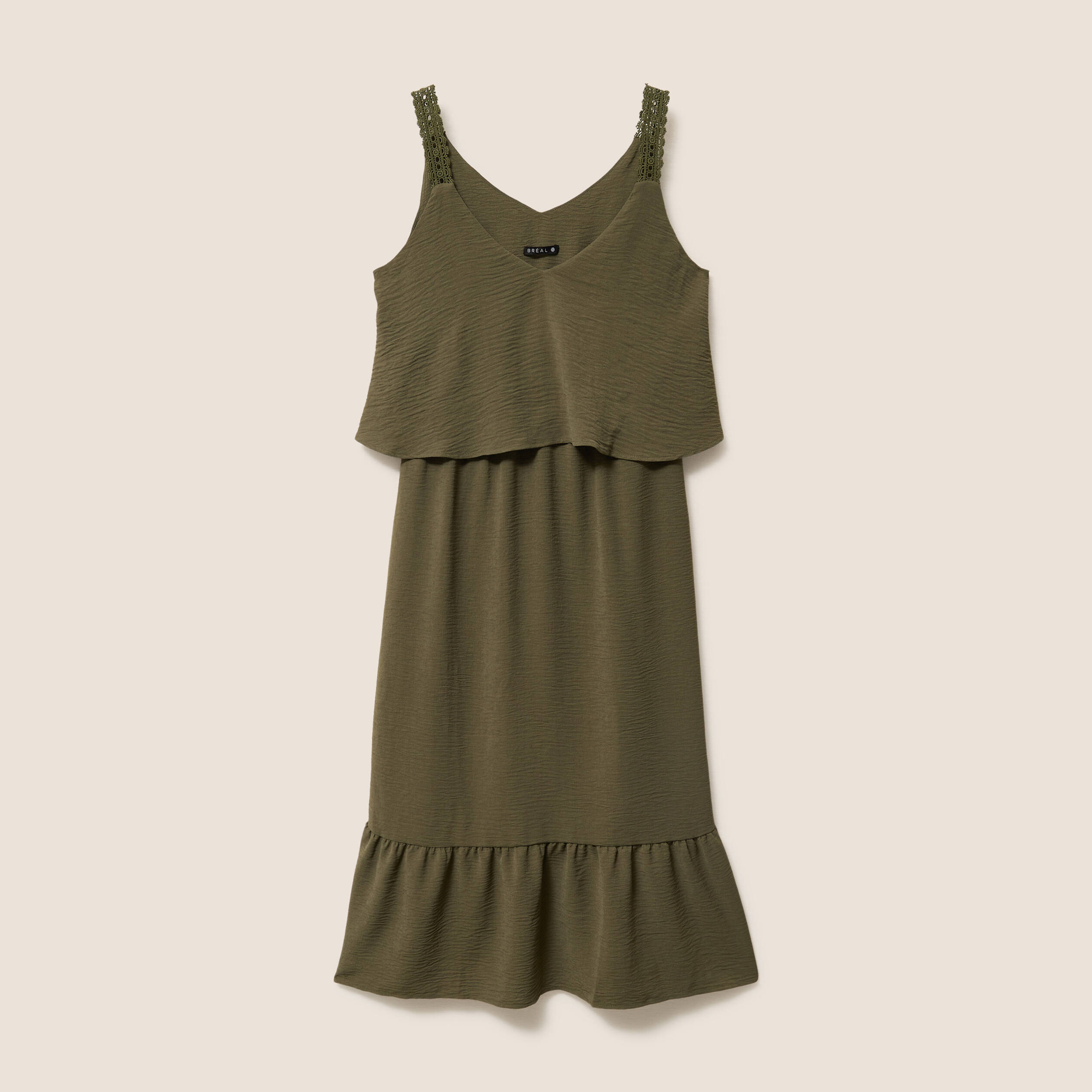 Robe fluide &eacute;vas&eacute;e &agrave; fines bretelles vert kaki femme
