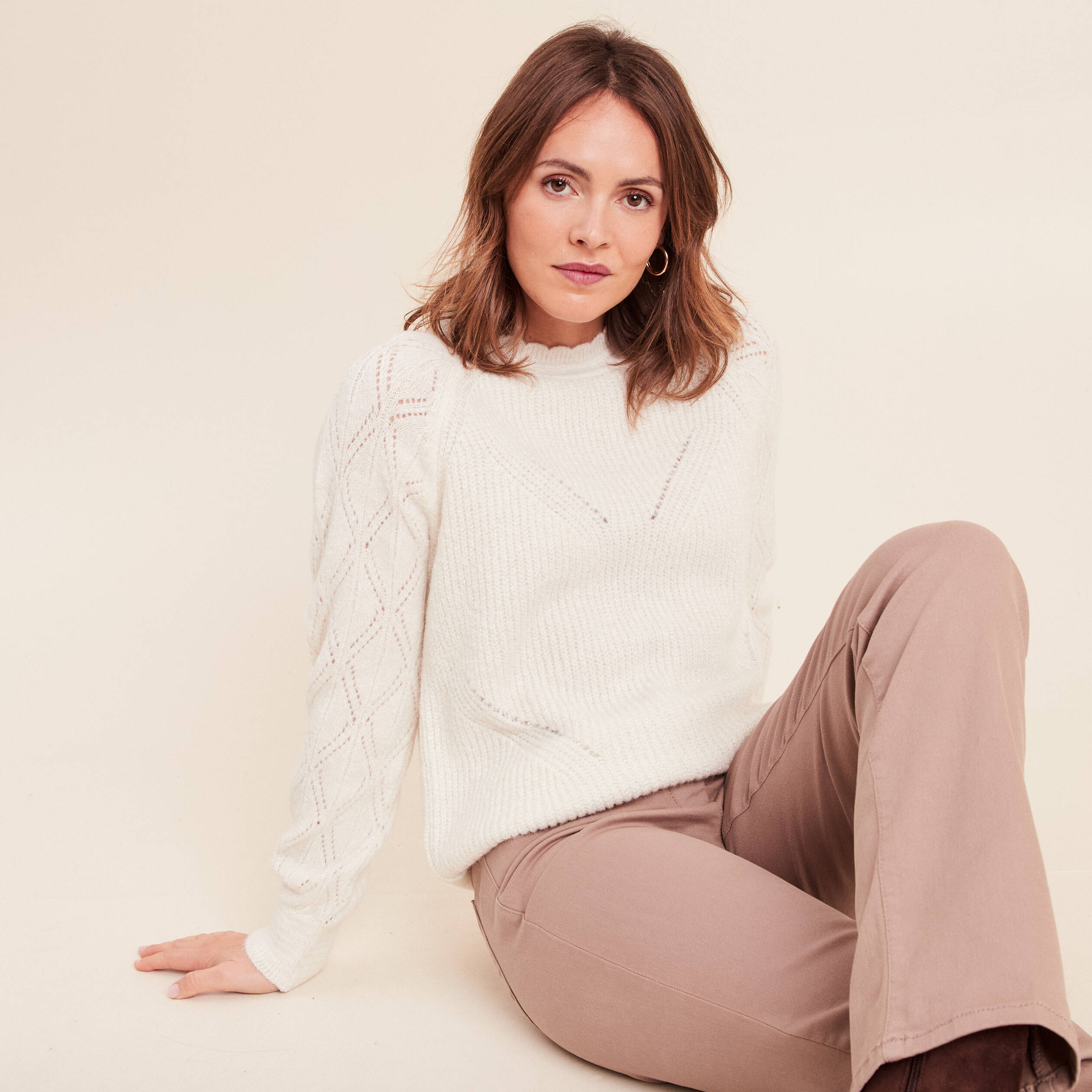 Pull col montant manches longues ecru femme