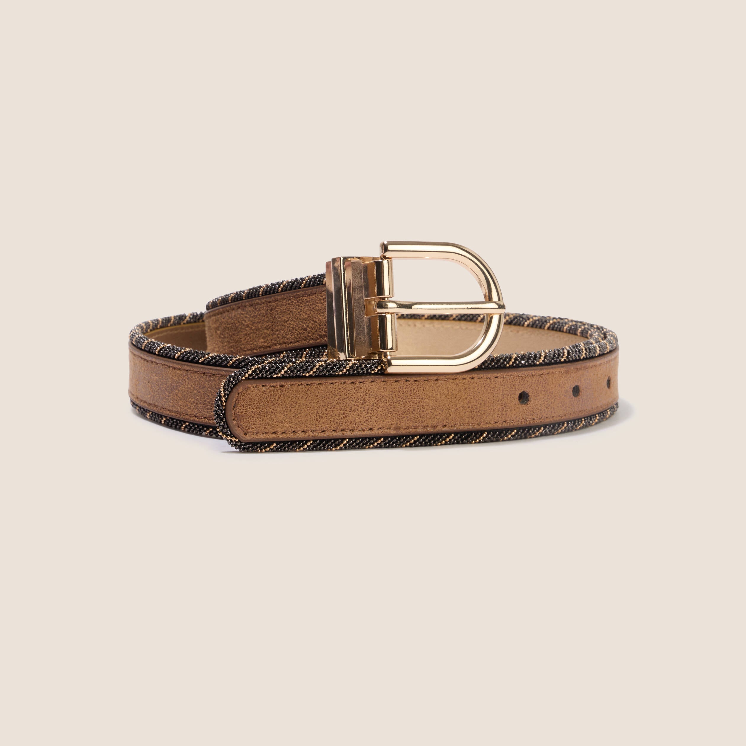 Ceinture fine r&eacute;versible avec cha&icirc;ne beige femme