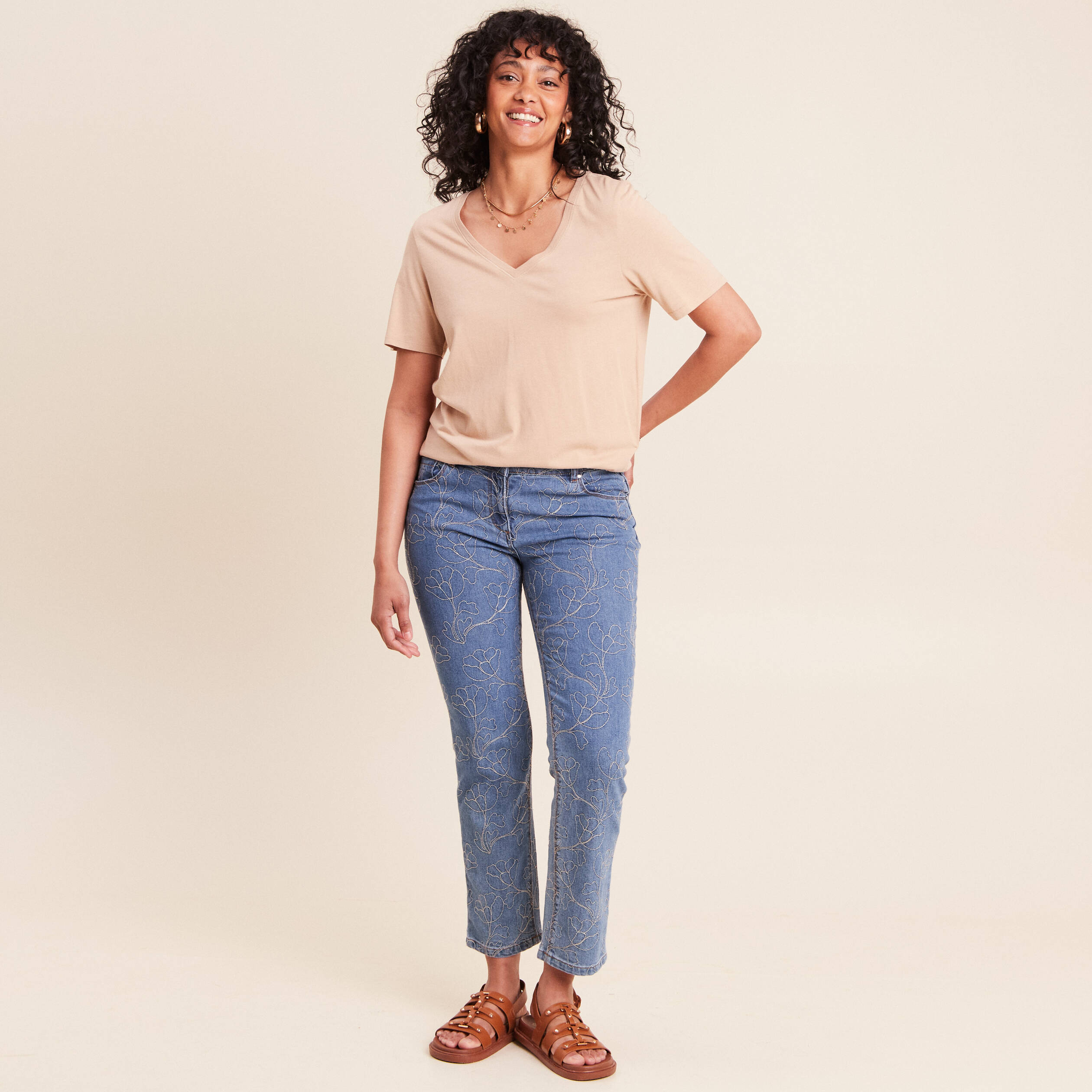 Jean coupe droite 7/8&egrave;me taille bascul&eacute;e denim double stone femme