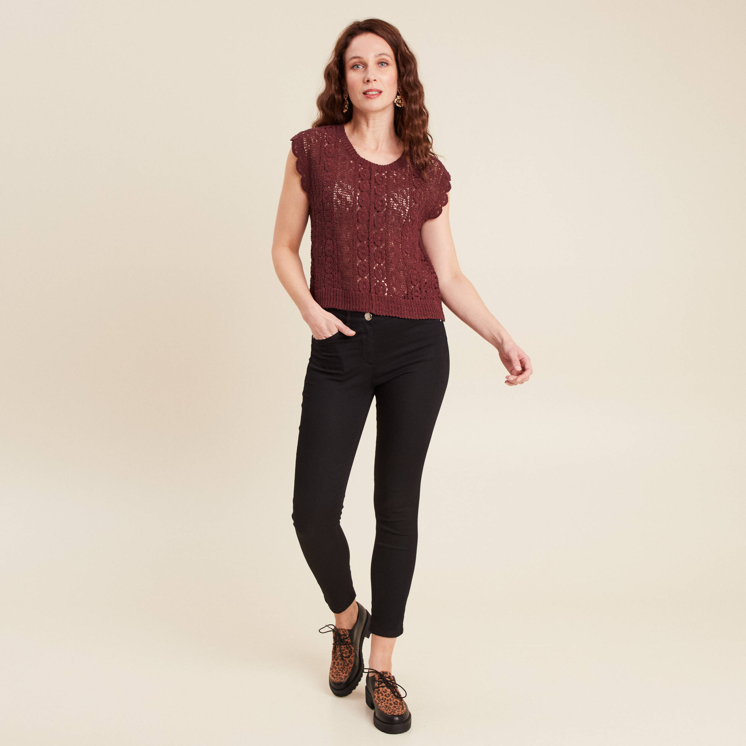 Débardeur macramé bordeaux femme