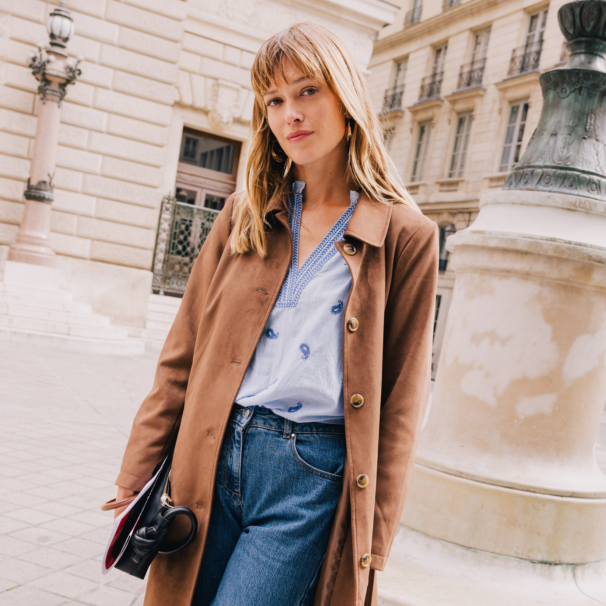 Trench cintr&eacute; long aspect daim marron femme