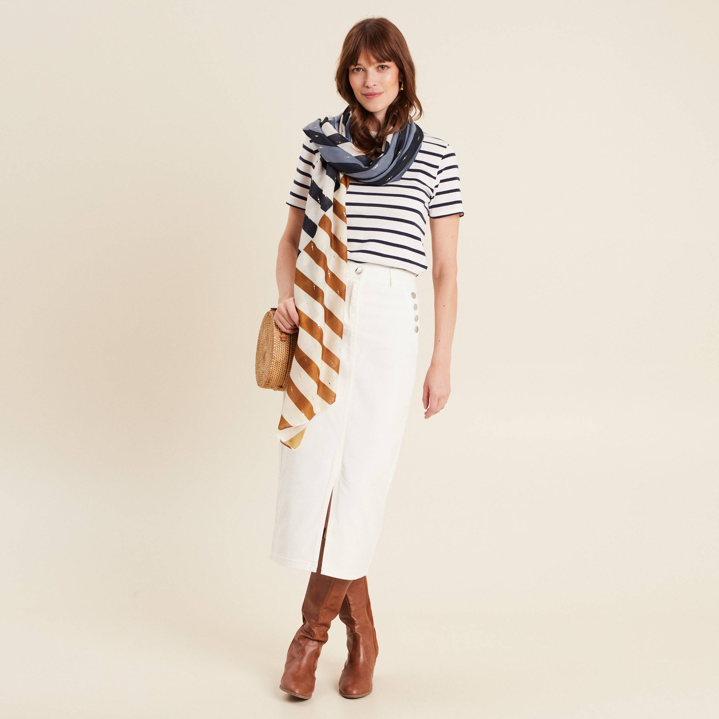 Jupe longue droite en jean blanc femme
