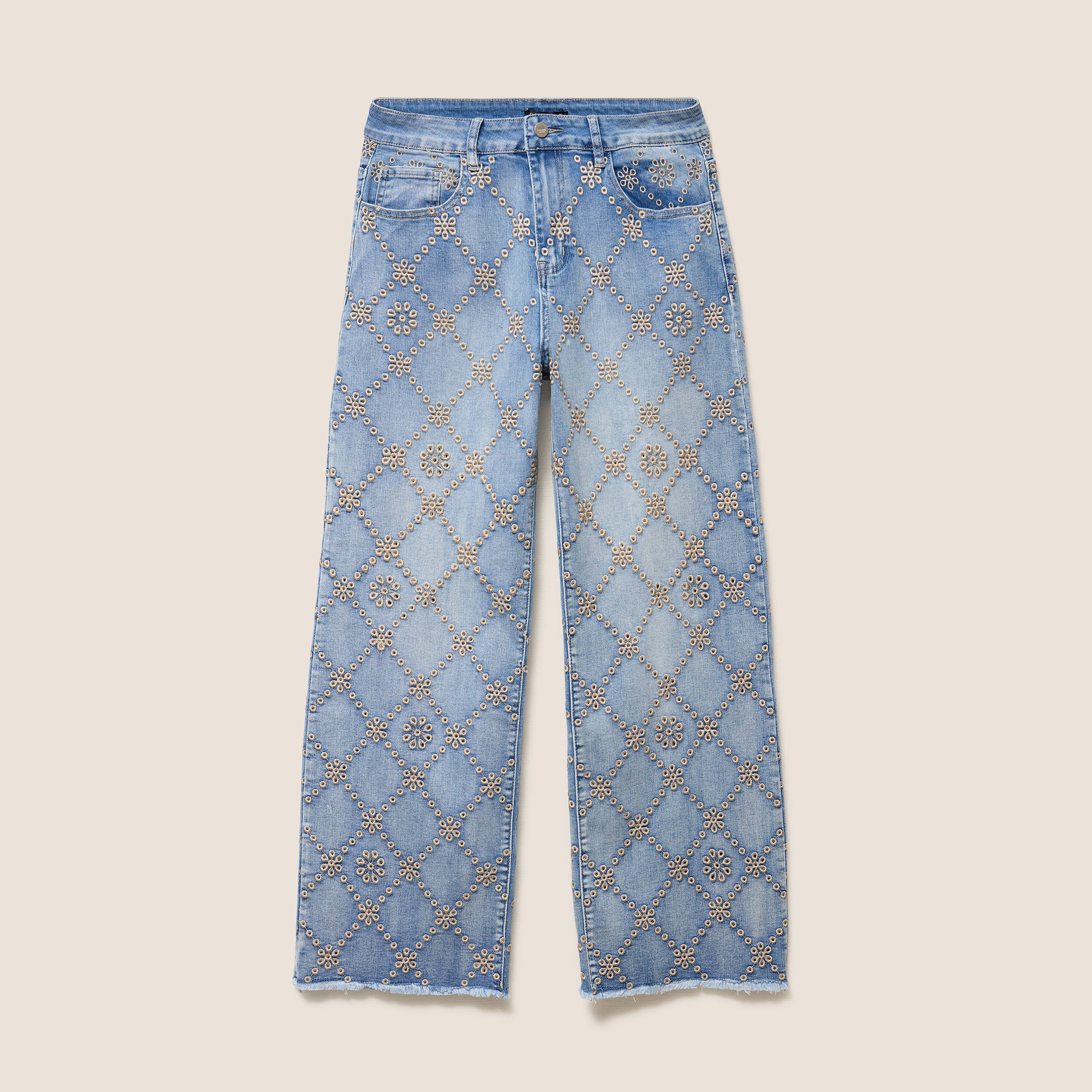 Jean taille haute avec broderie blanc femme