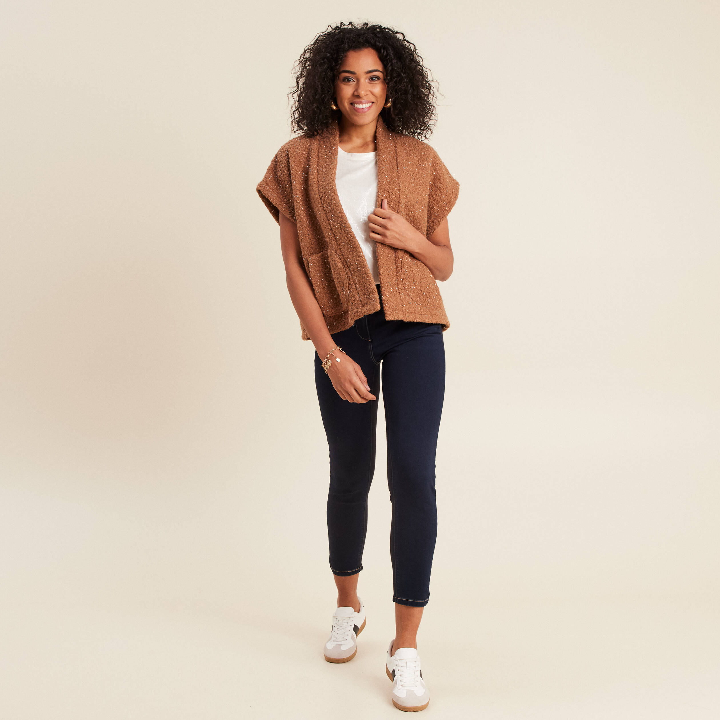 Jean ajusté 7/8ème effet bi-matière denim brut femme