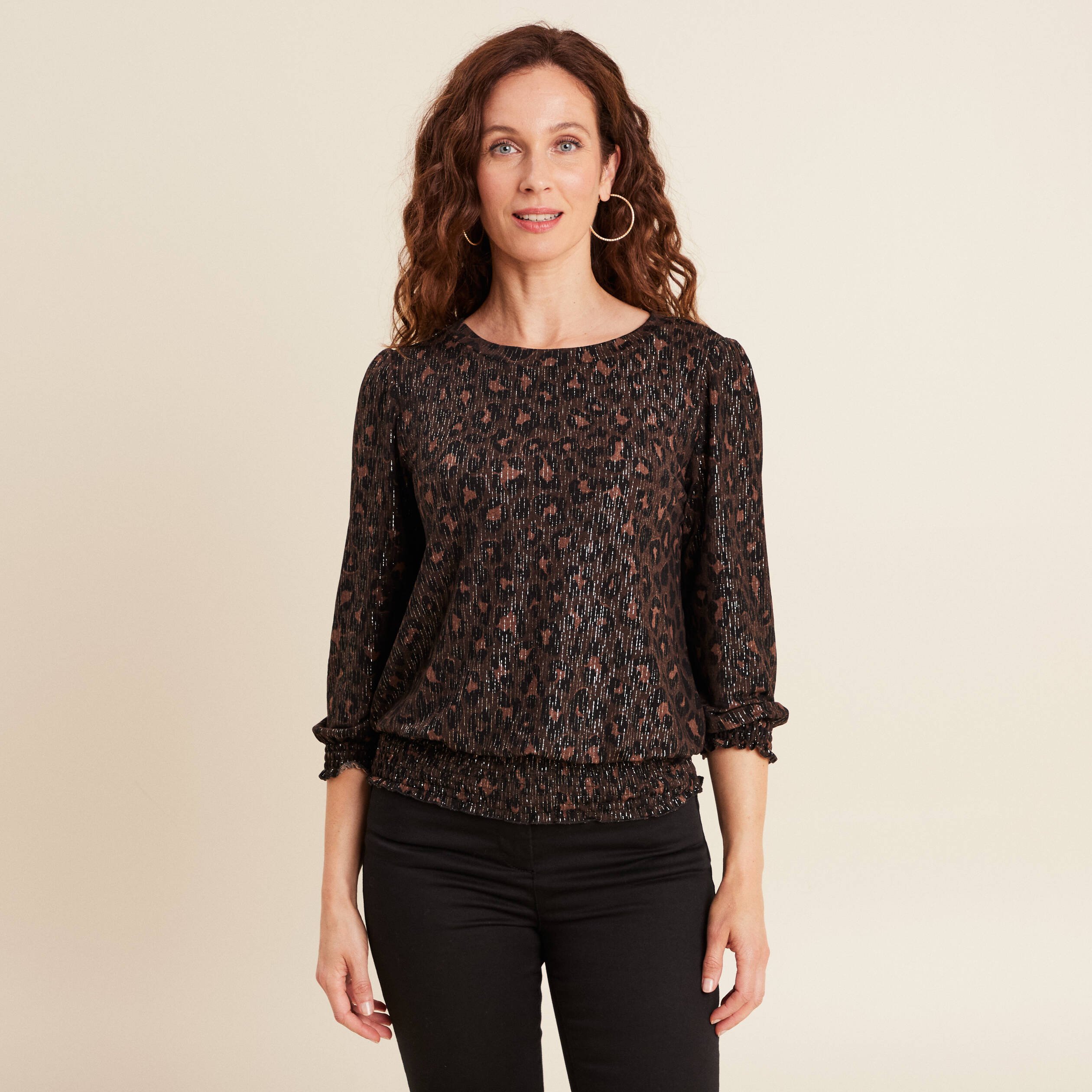 Tunique Femme Manches 3/4 Taille 22W - Rayures Chevron Marron/noir - Douce Et Luxueuse