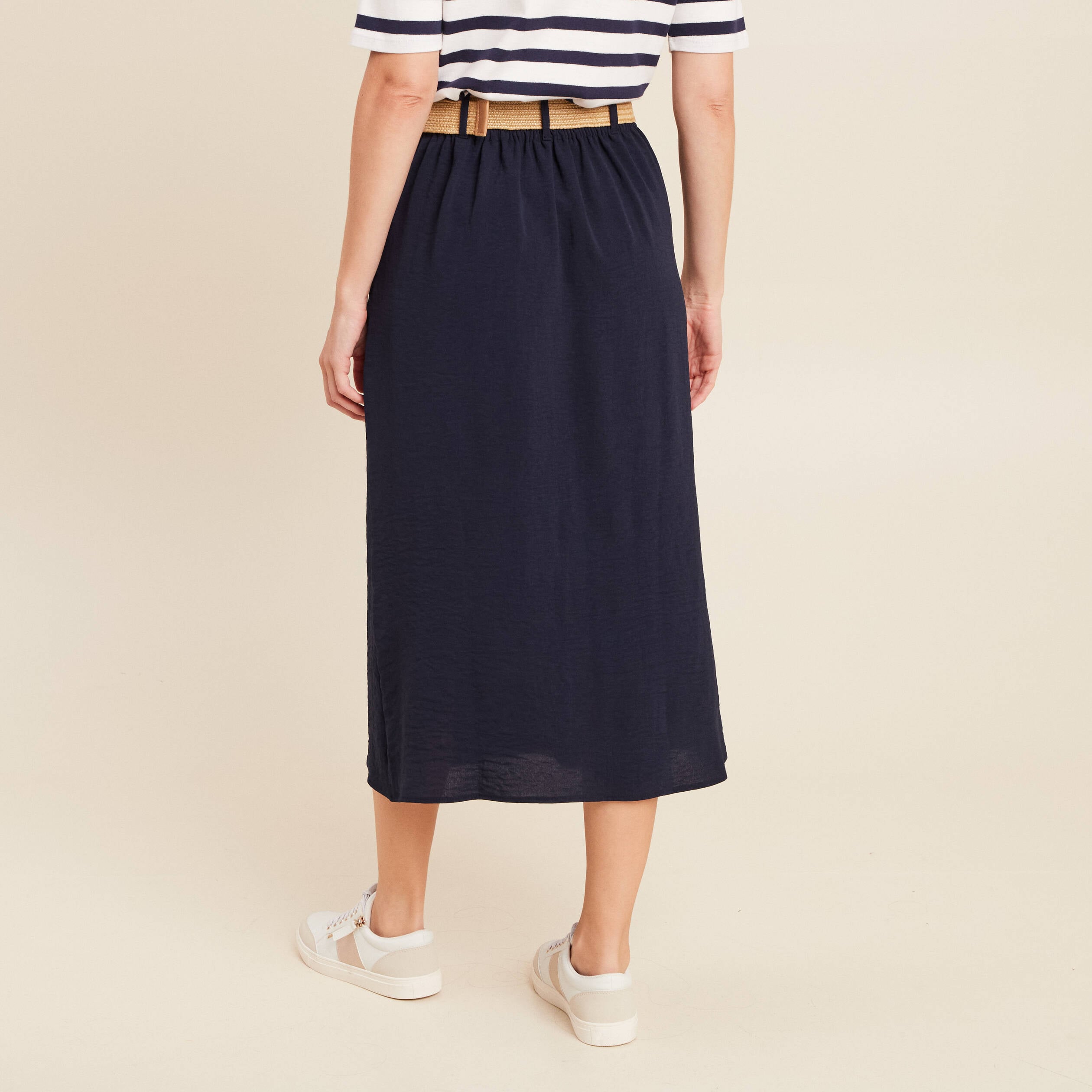 Jupe longue &eacute;vas&eacute;e ceintur&eacute;e bleu fonc&eacute; femme