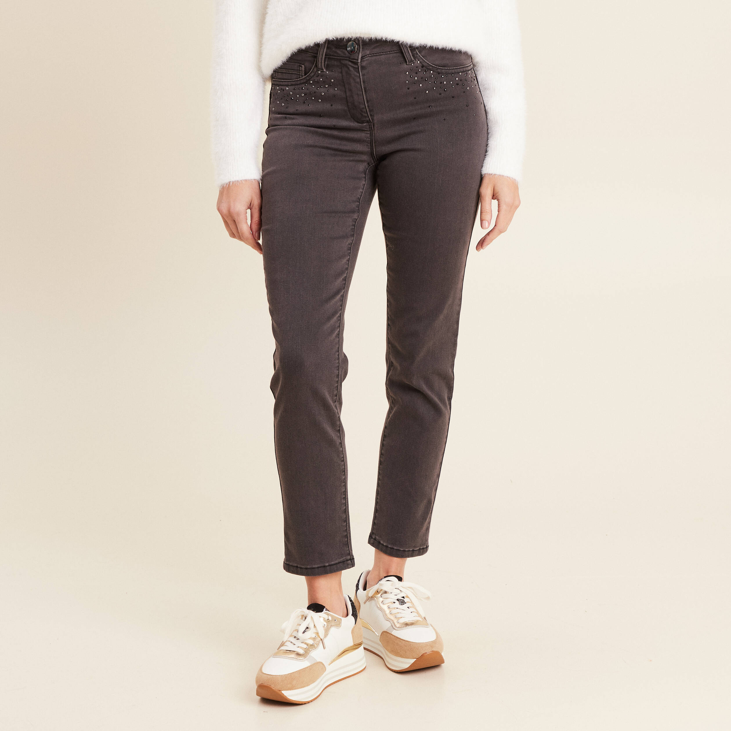 Jean ajuste taille basse denim gris femme Breal