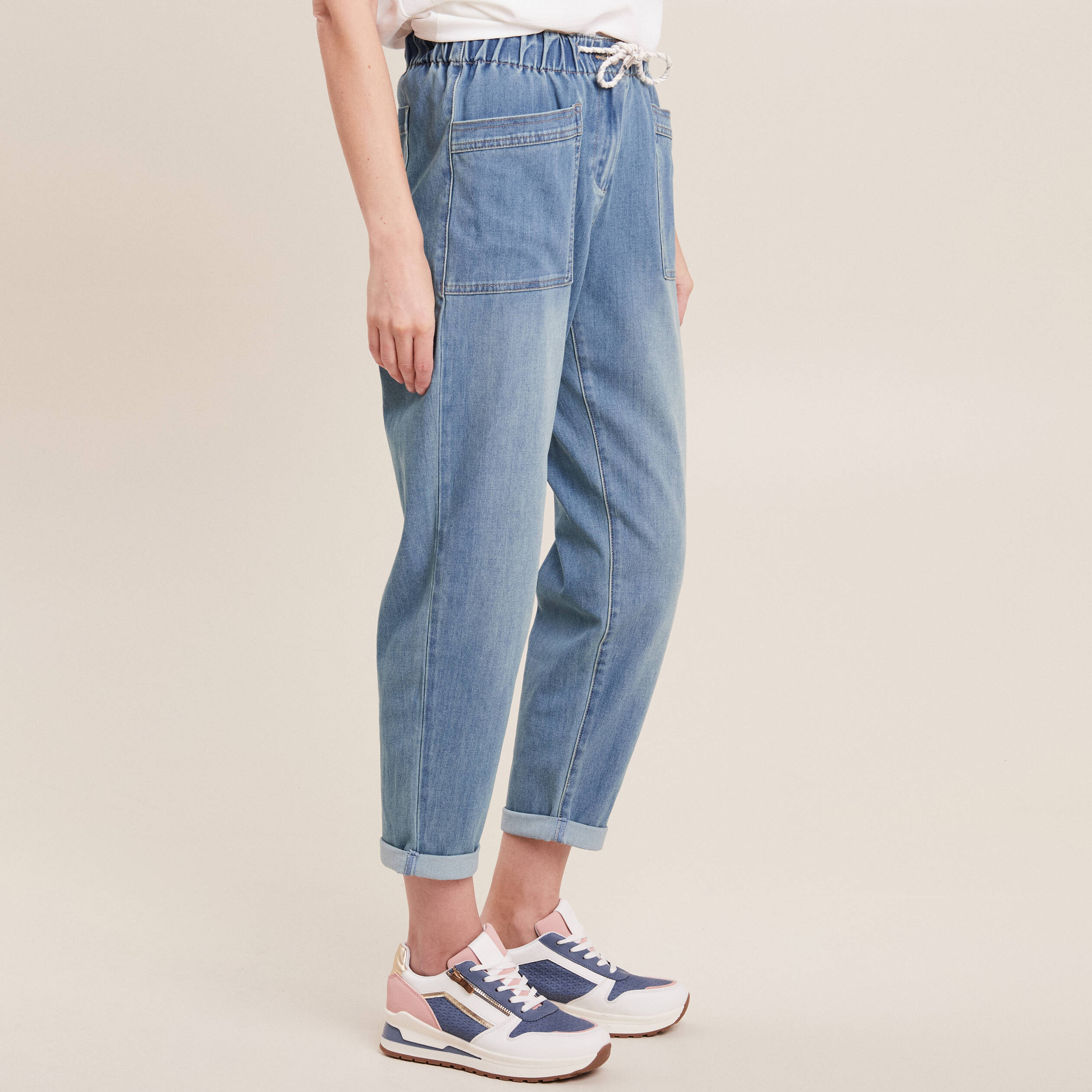 Jean large à coulisse denim double stone femme