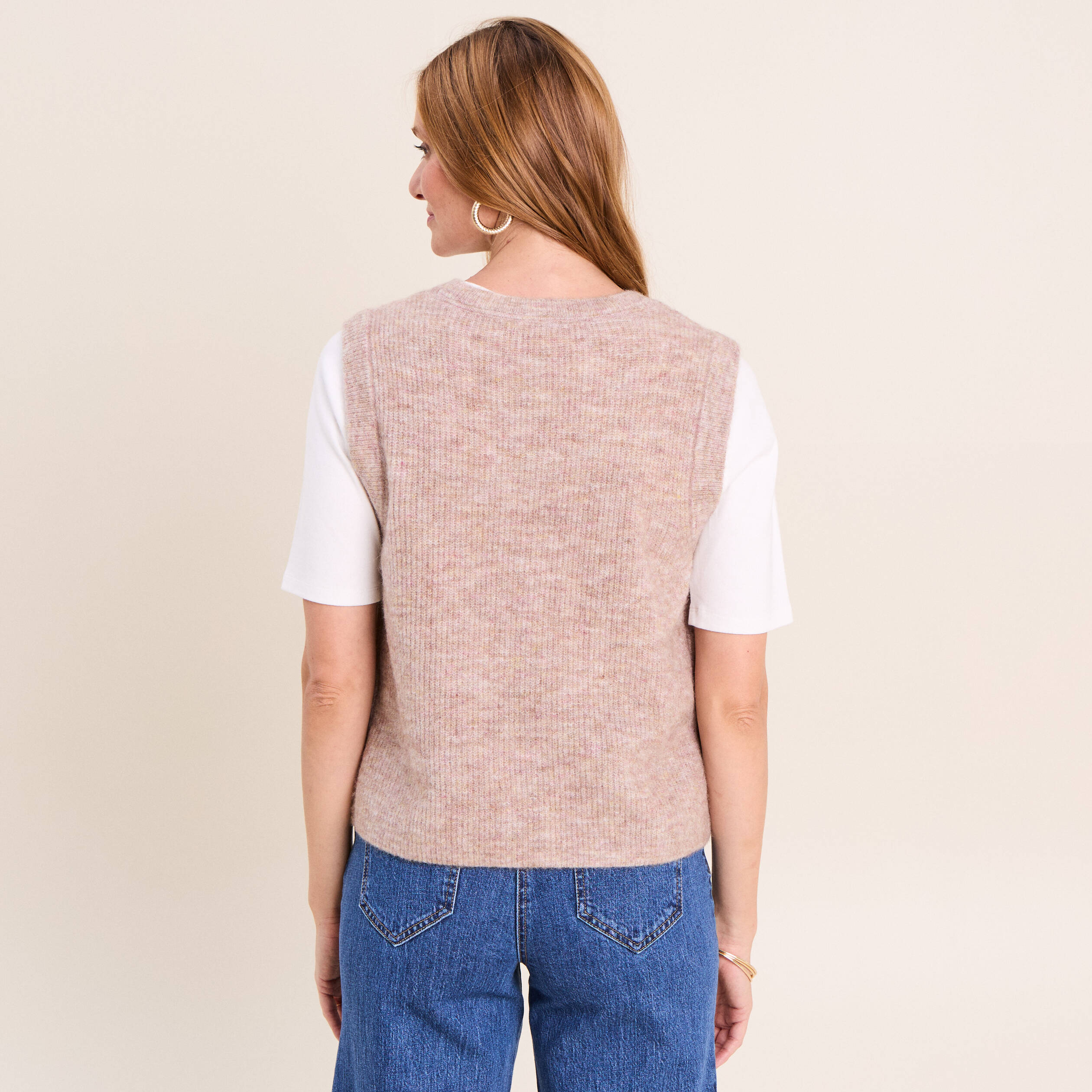 Gilet droit mi-long sans manches creme femme