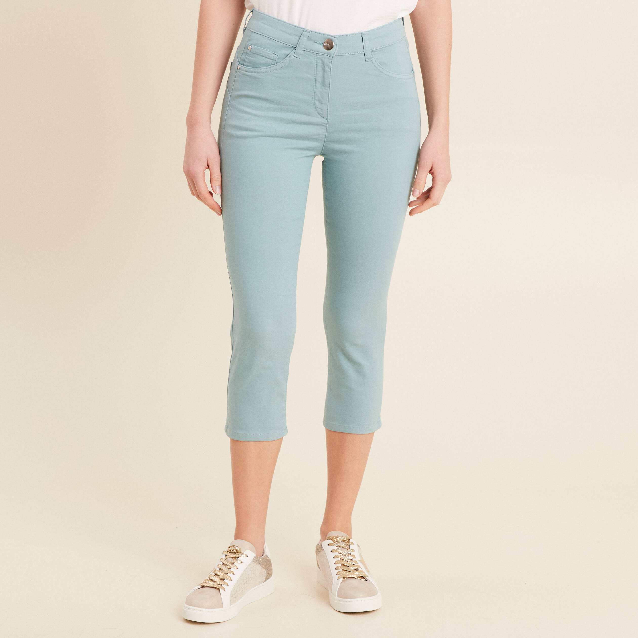 Pantacourt droit taille standard bleu canard femme