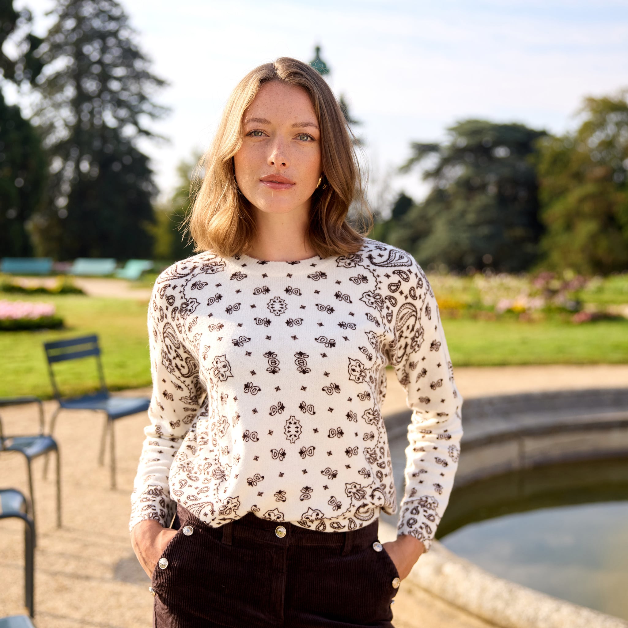 Pull col rond marron femme